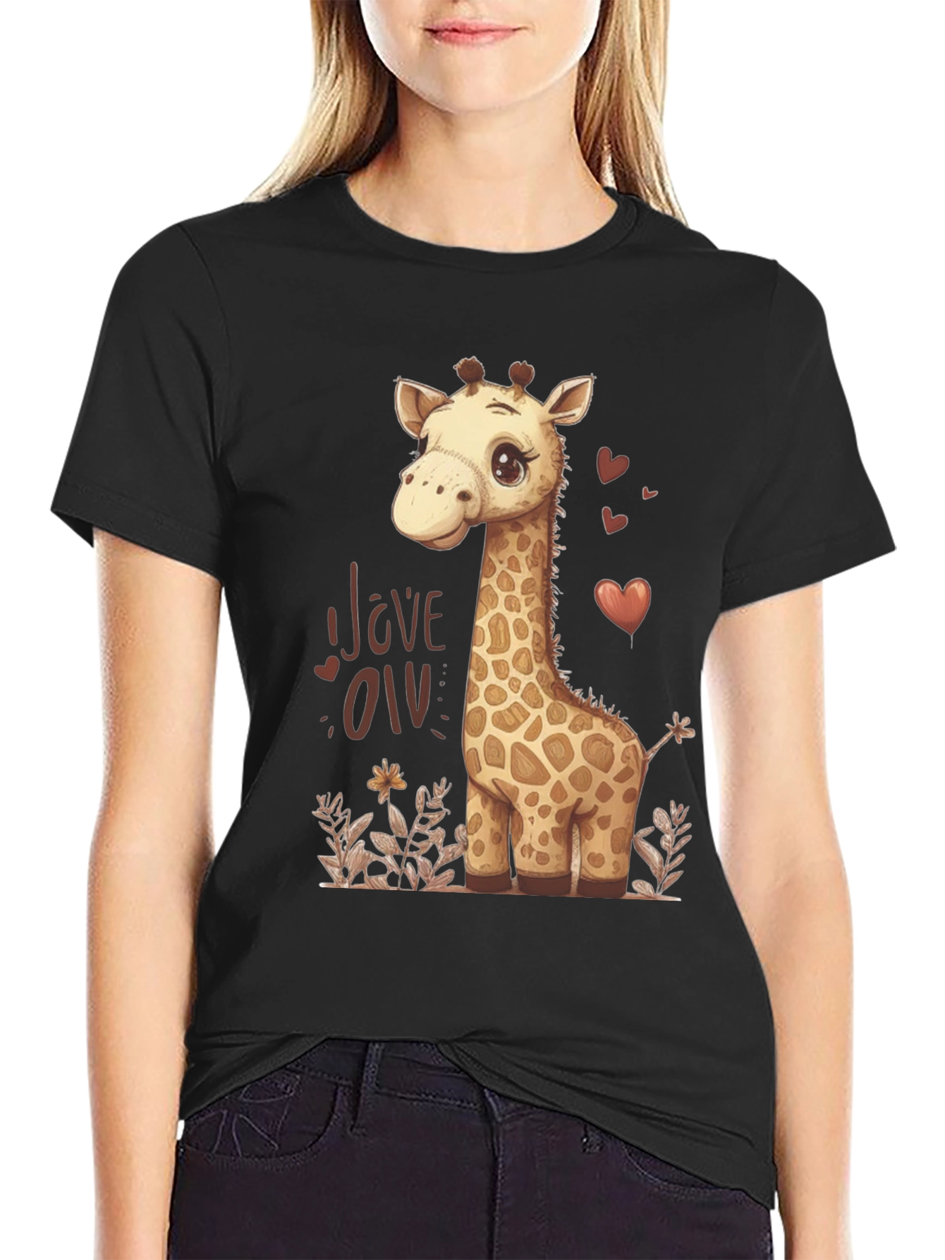 Cute Giraffe Love Graphic T-Shirt - Black