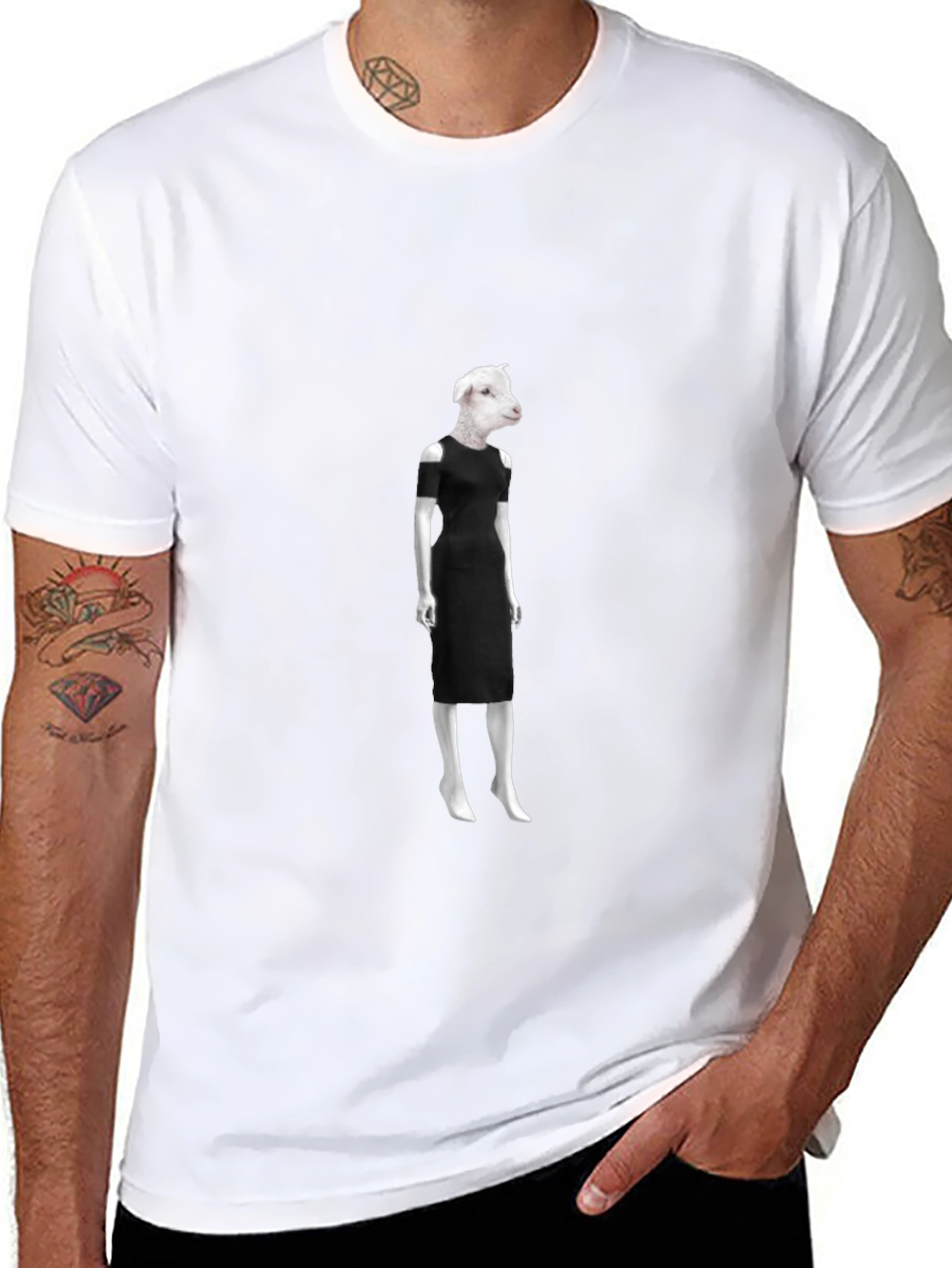 Novelty Sheep in Dress Graphic Black T-Shirt