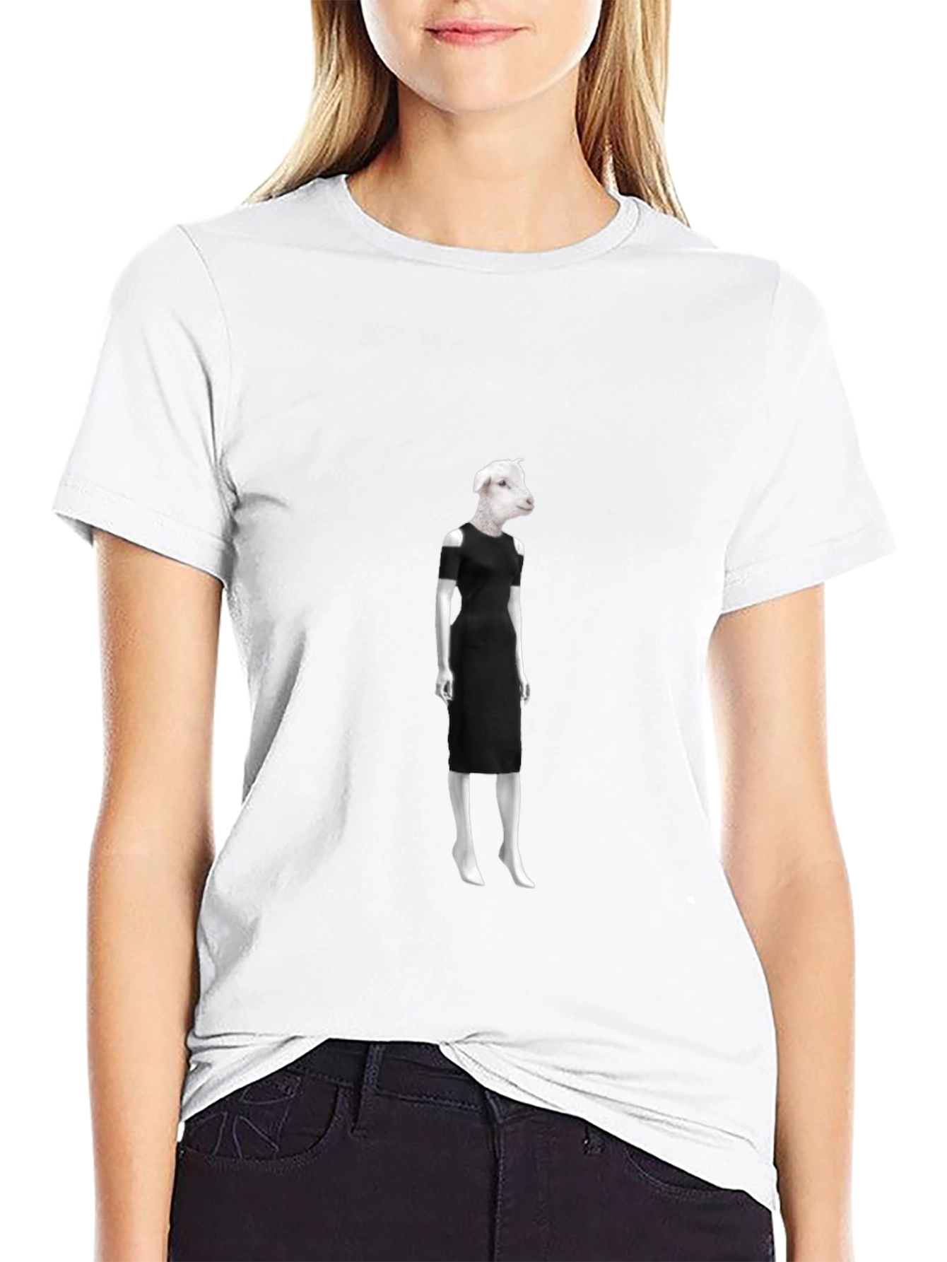Novelty Sheep in Dress Graphic Black T-Shirt