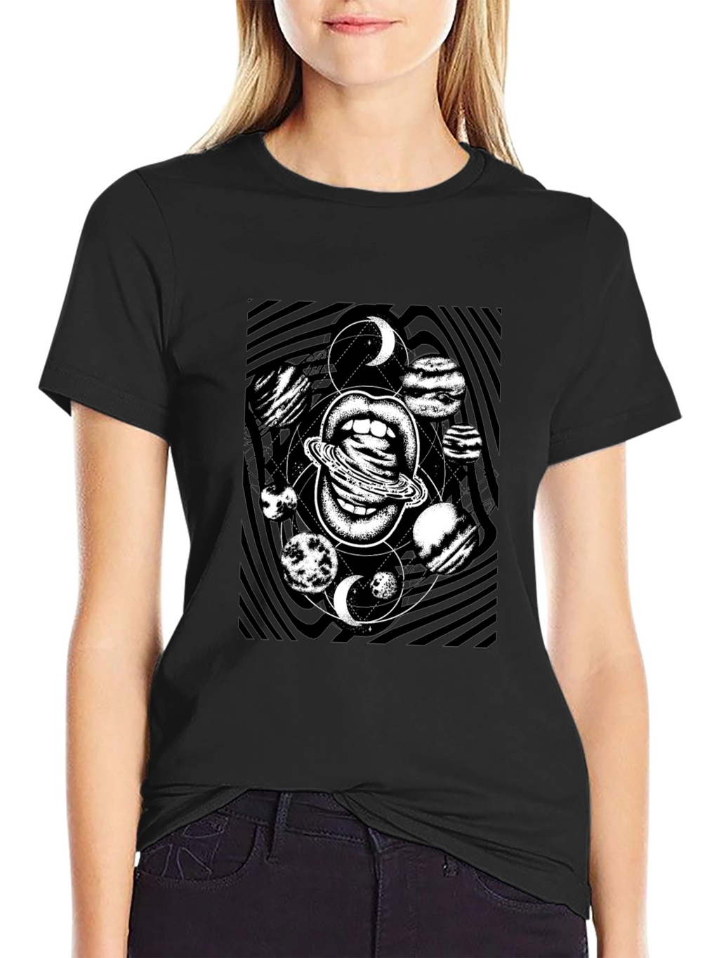 Cosmic Lips Graphic Tee - Black Cotton T-Shirt