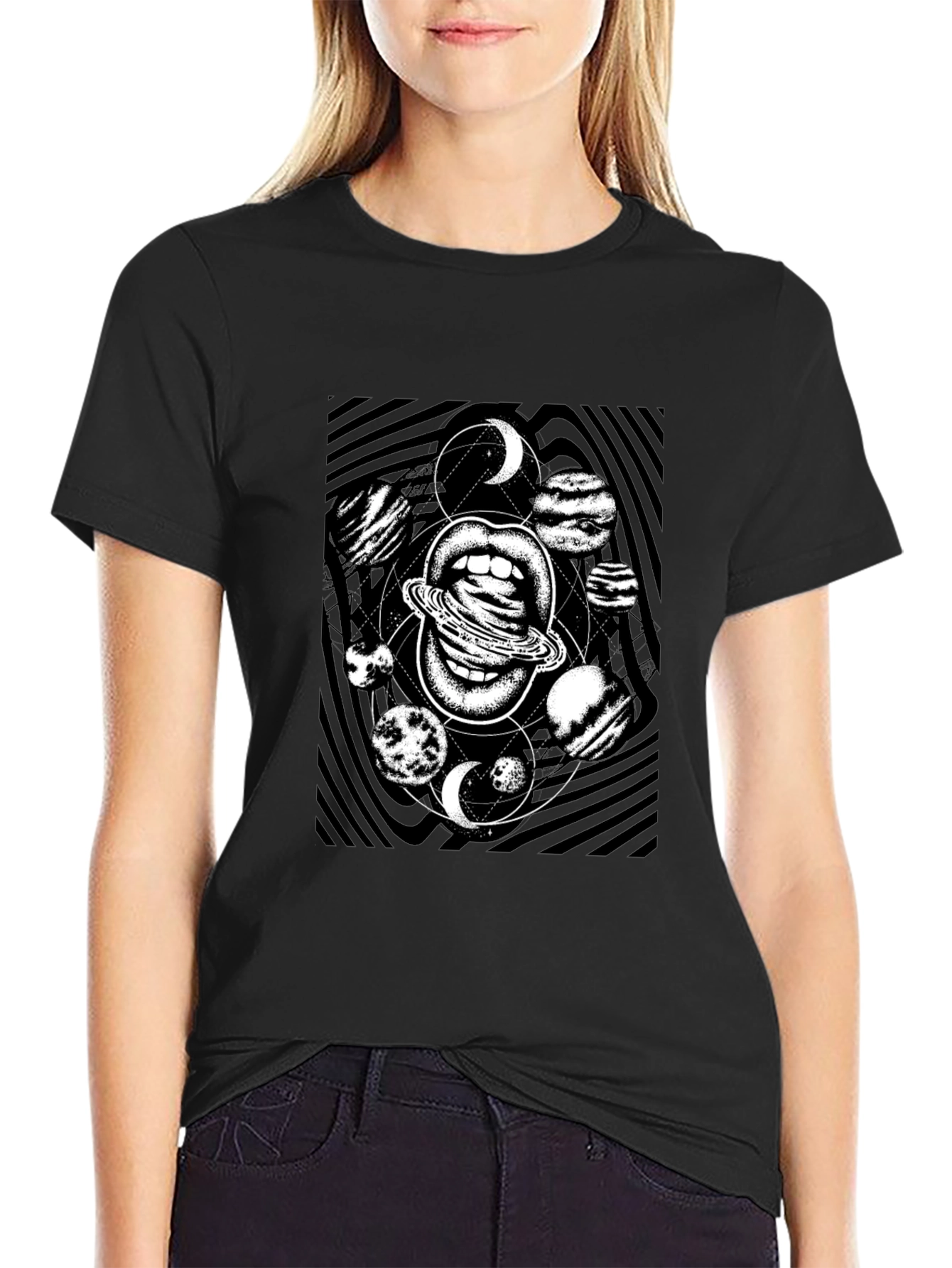 Cosmic Lips Graphic Tee - Black Cotton T-Shirt
