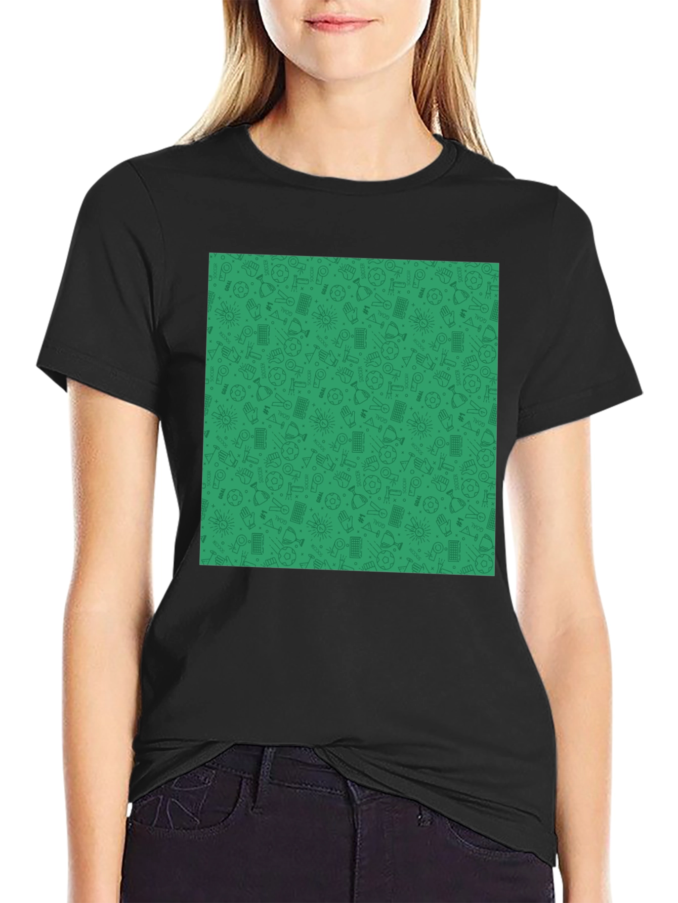 Unique Green Pattern Black Crewneck T-Shirt