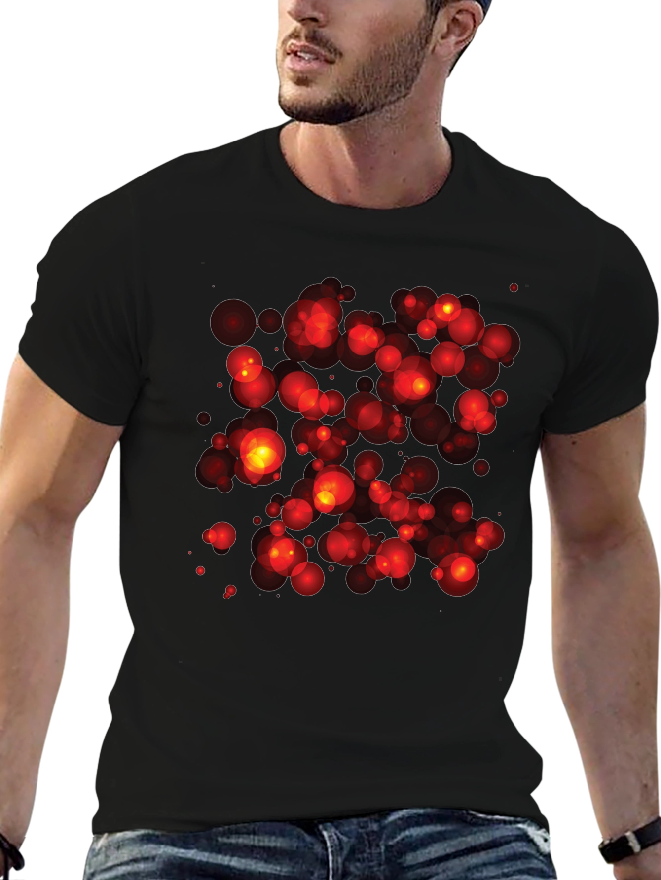 Abstract Red Bubbles Graphic Print Black T-Shirt