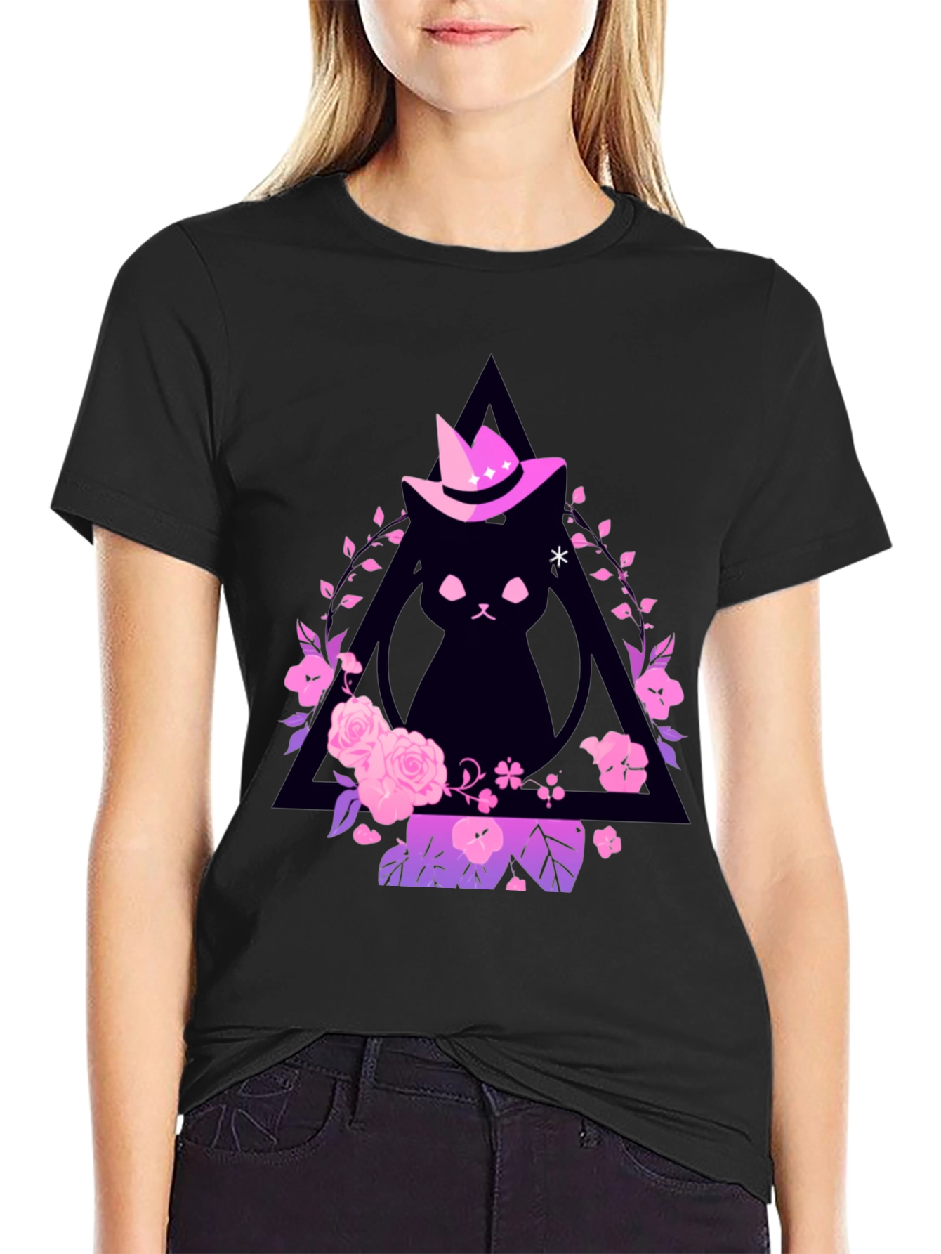 Witch Cat Graphic Tee - Floral Triangle Design