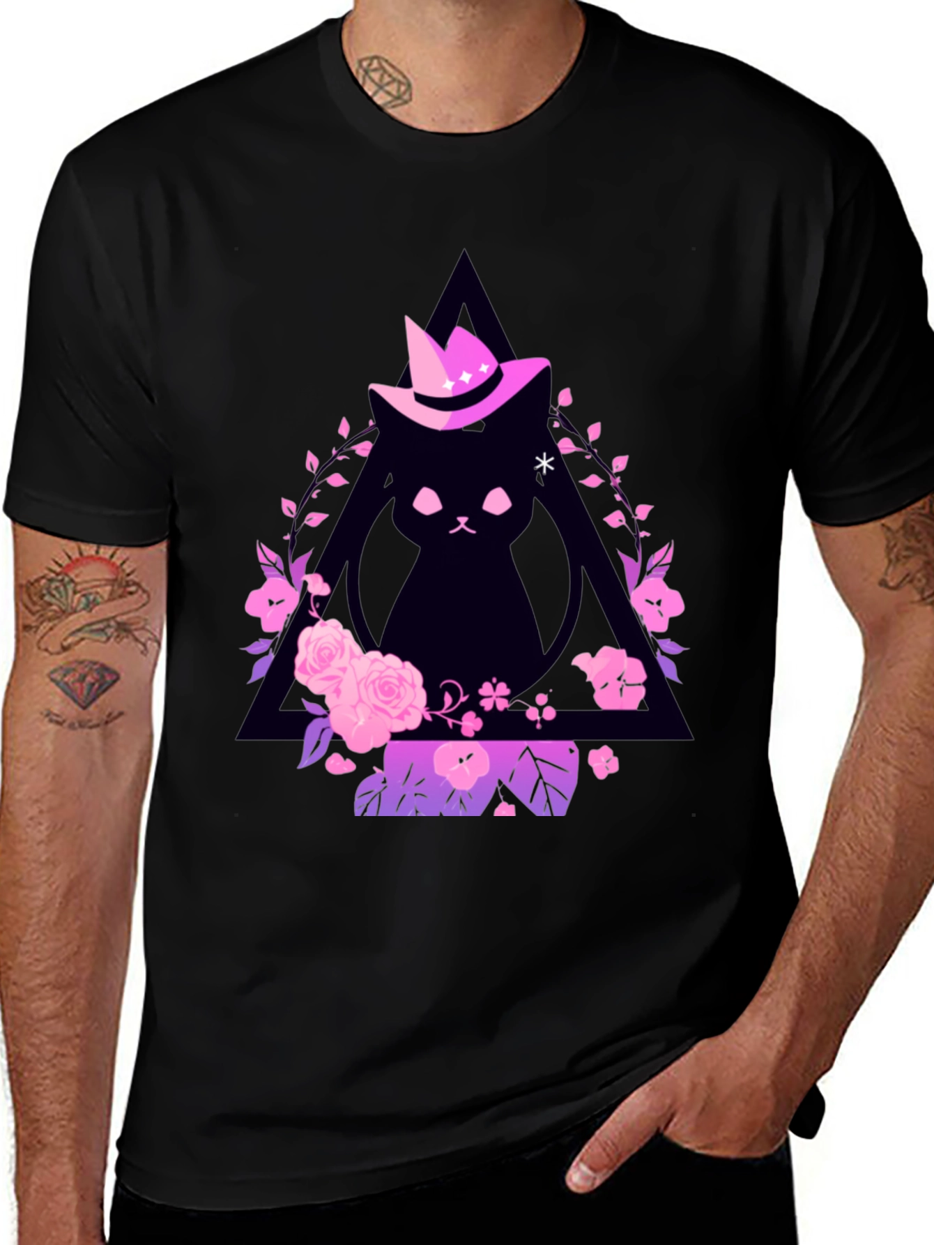 Witch Cat Graphic Tee - Floral Triangle Design