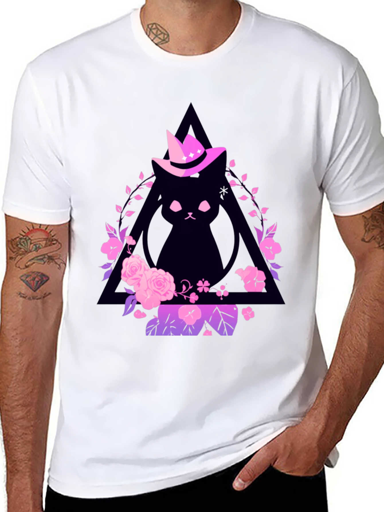 Witch Cat Graphic Tee - Floral Triangle Design