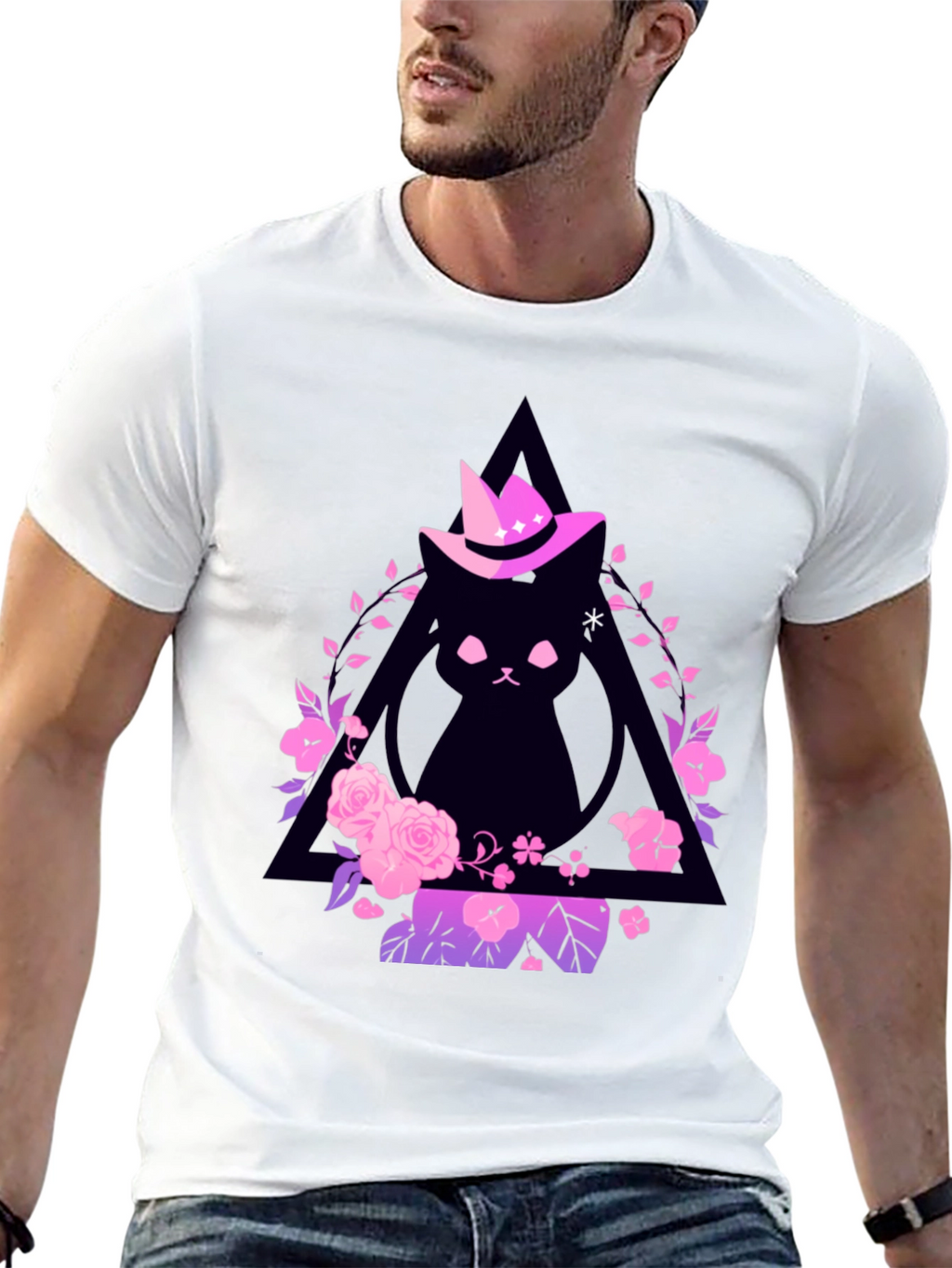 Witch Cat Graphic Tee - Floral Triangle Design