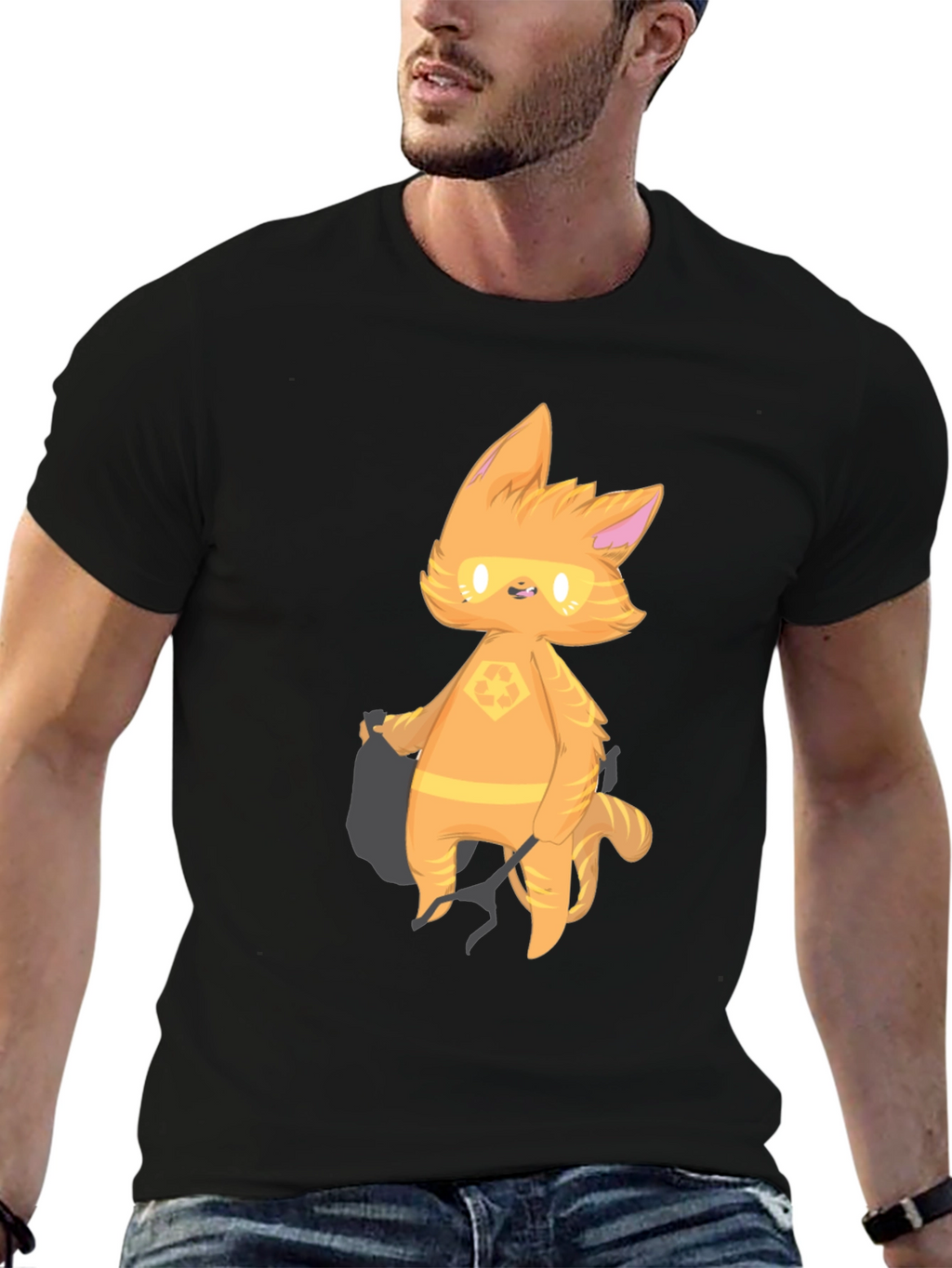 Cartoon Cat Graphic T-Shirt - Black