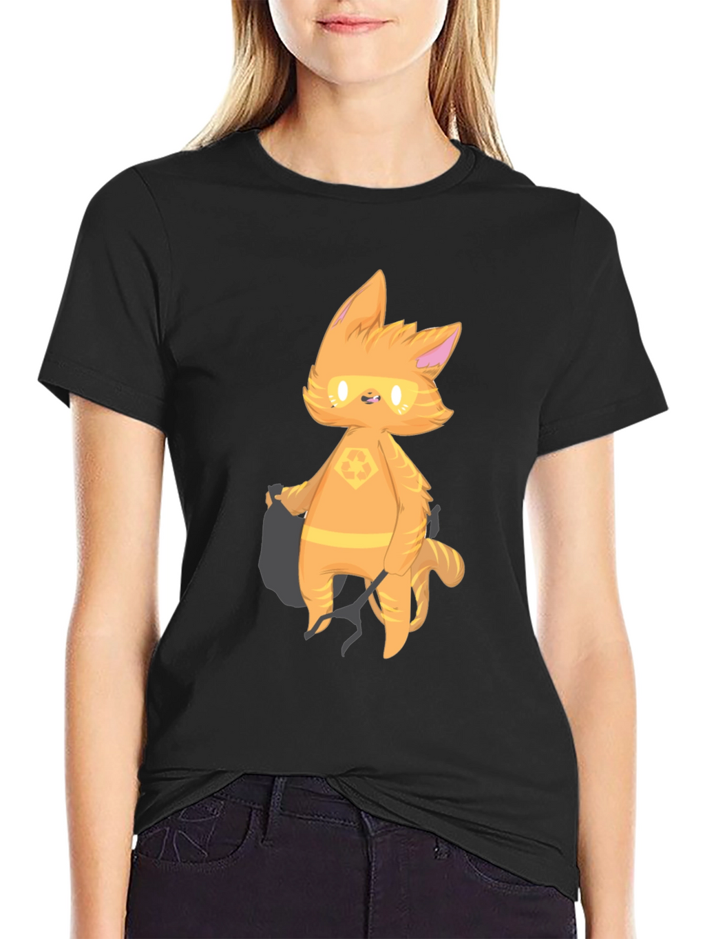 Cartoon Cat Graphic T-Shirt - Black