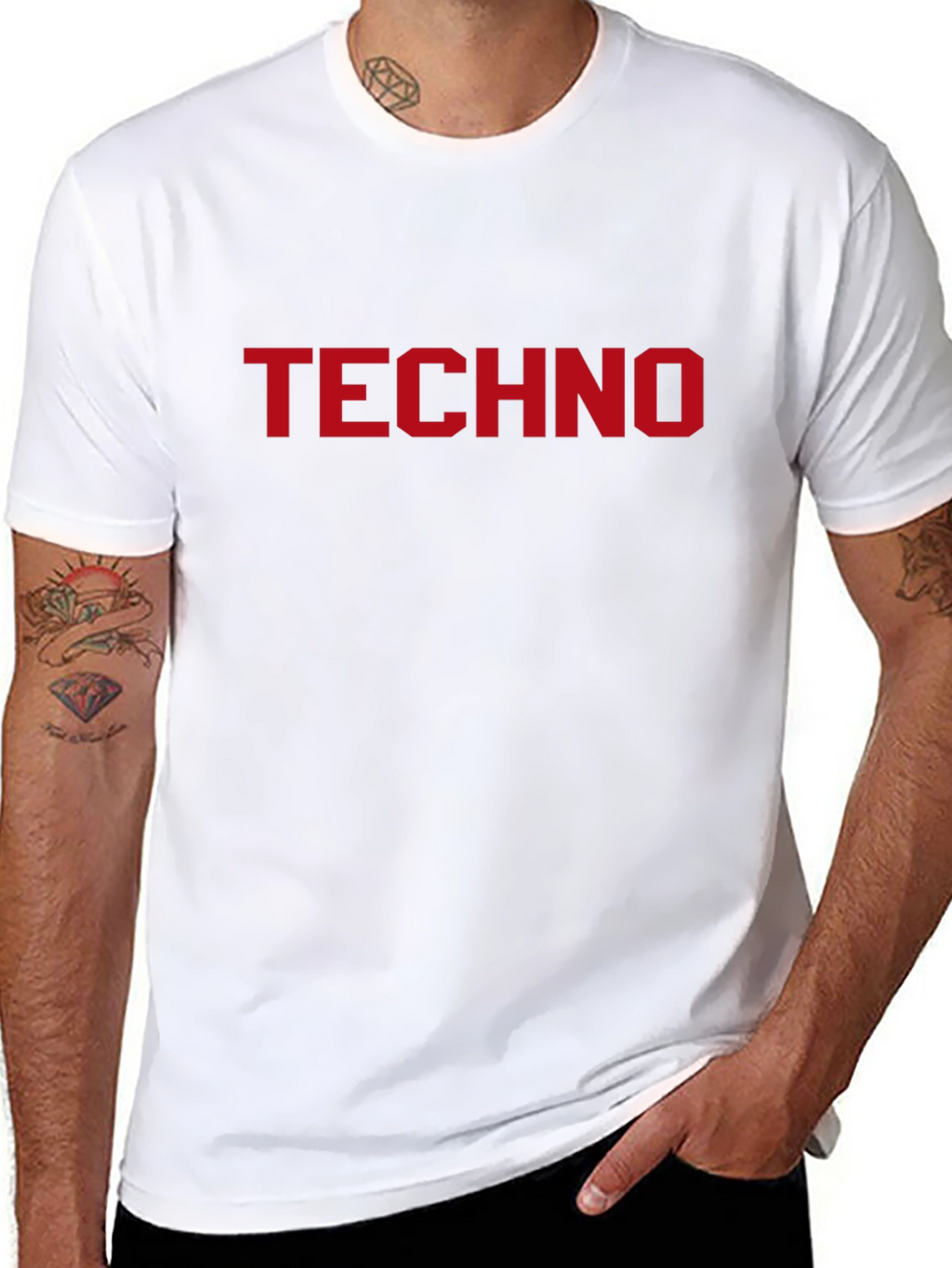 TECHNO Bold Red Text Print Black T-Shirt