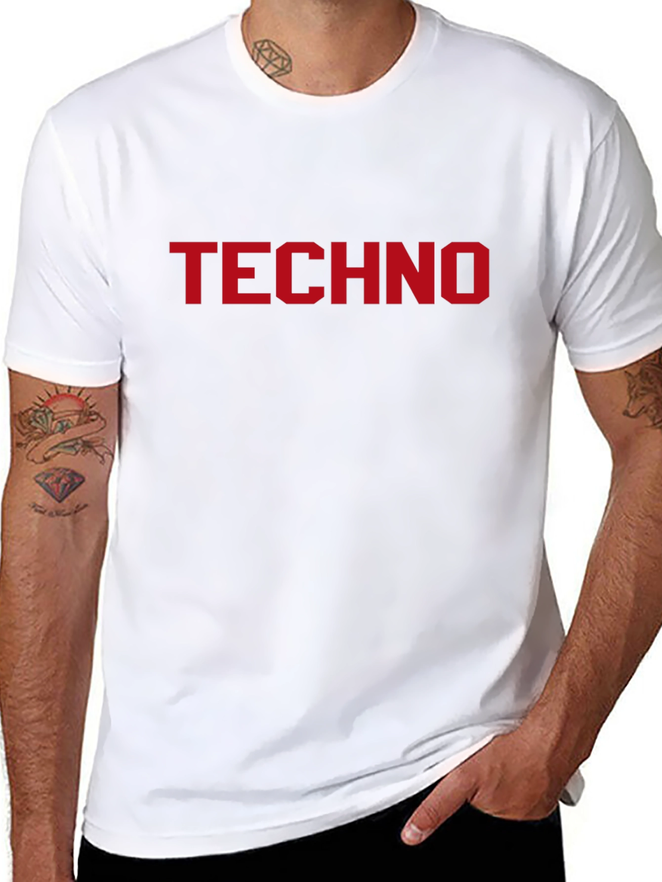 TECHNO Bold Red Text Print Black T-Shirt