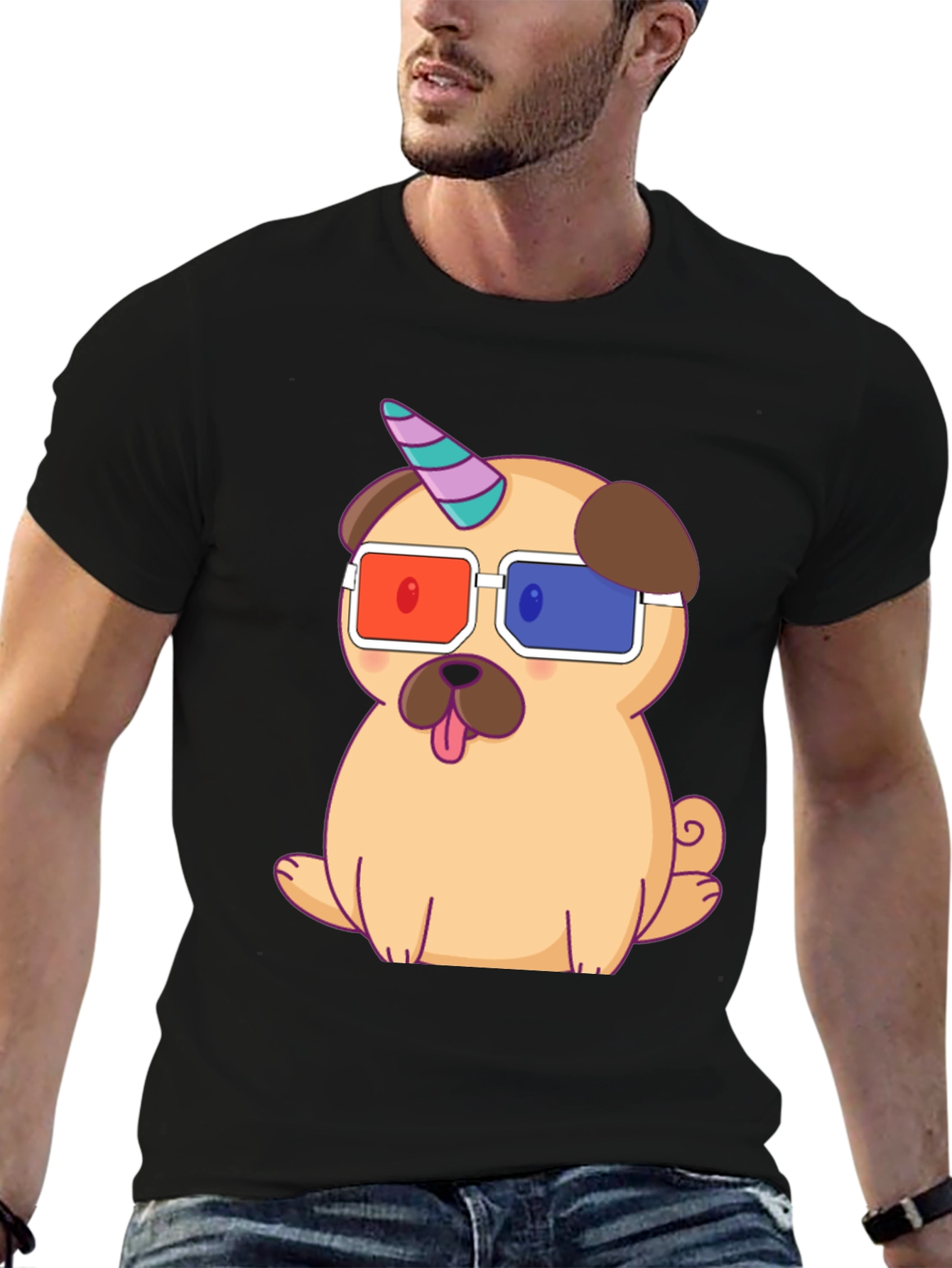 Unicorn Pug T-Shirt - Cute 3D Glasses Dog Tee