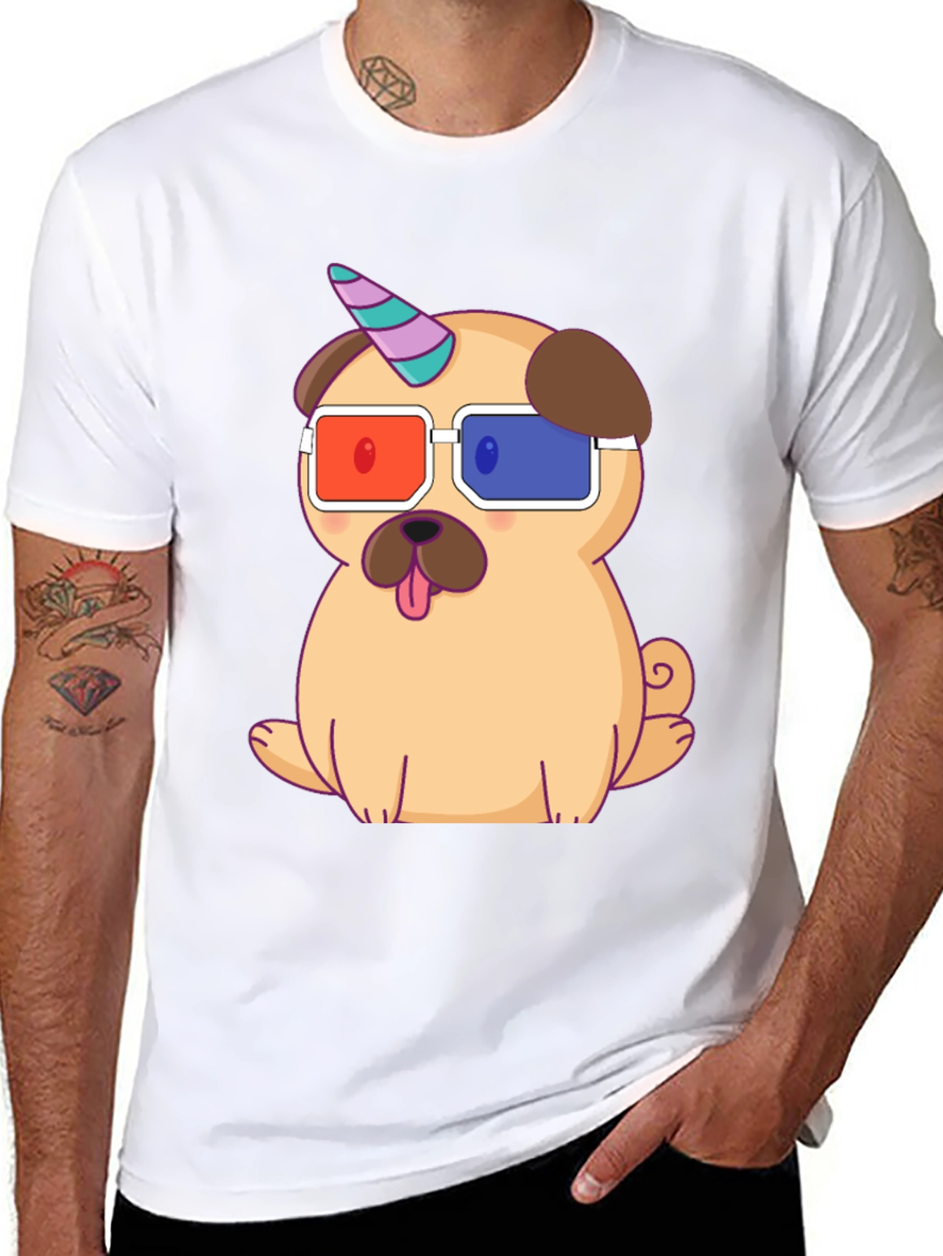 Unicorn Pug T-Shirt - Cute 3D Glasses Dog Tee