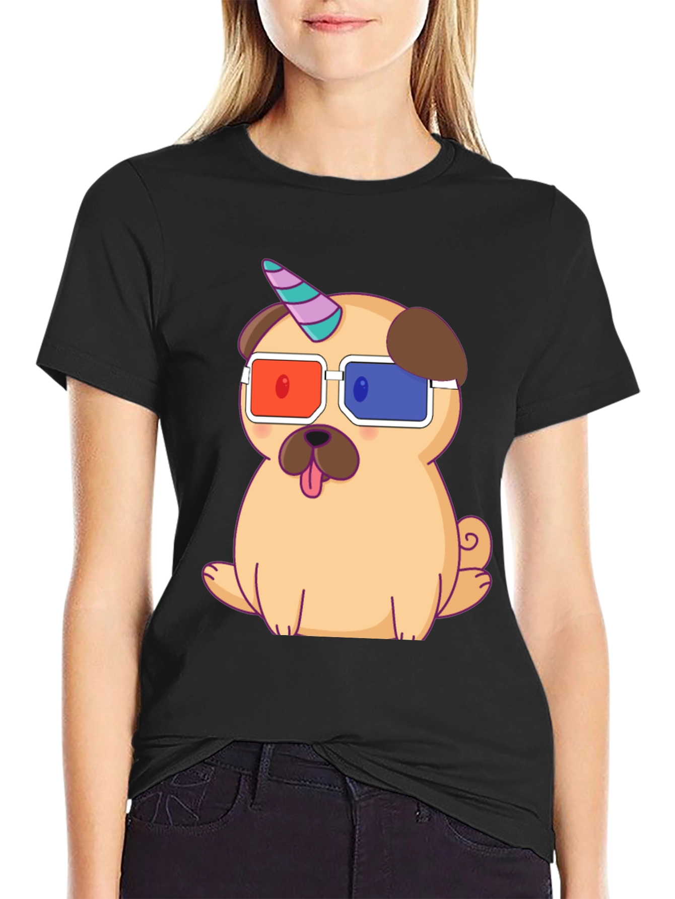Unicorn Pug T-Shirt - Cute 3D Glasses Dog Tee