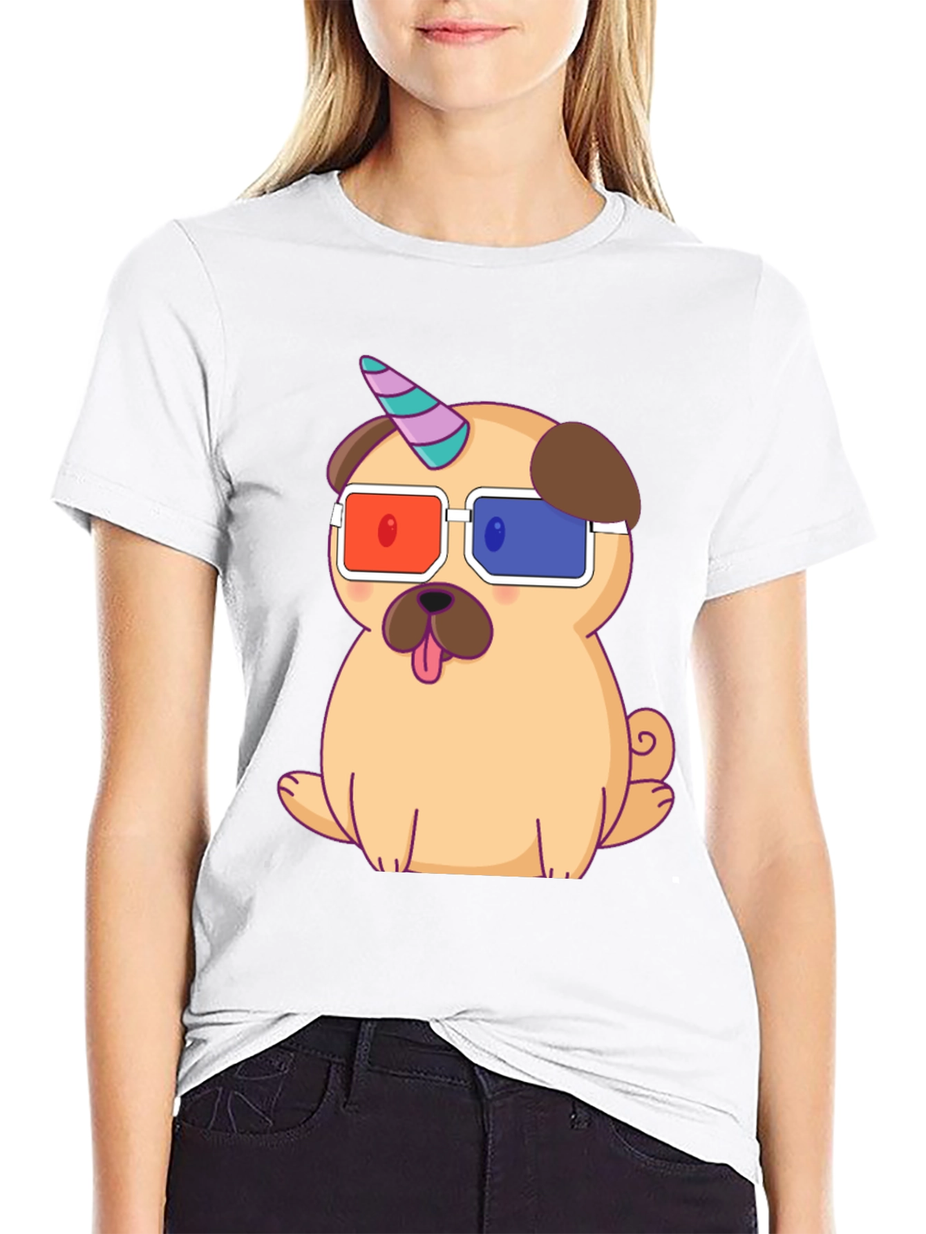 Unicorn Pug T-Shirt - Cute 3D Glasses Dog Tee