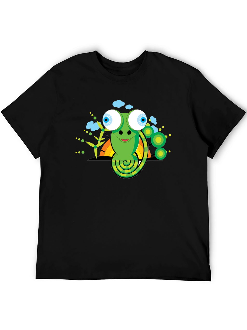 Cartoon Chameleon Graphic Tee - Black Cotton Shirt