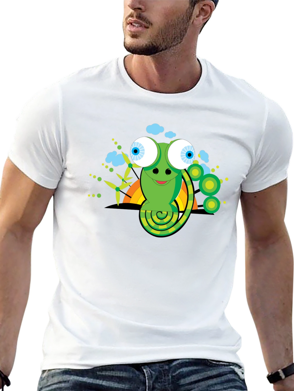 Cartoon Chameleon Graphic Tee - Black Cotton Shirt