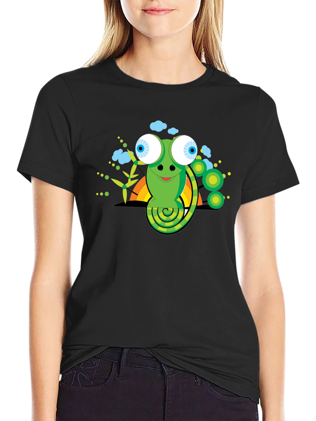 Cartoon Chameleon Graphic Tee - Black Cotton Shirt