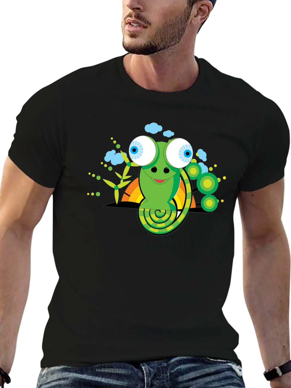 Cartoon Chameleon Graphic Tee - Black Cotton Shirt