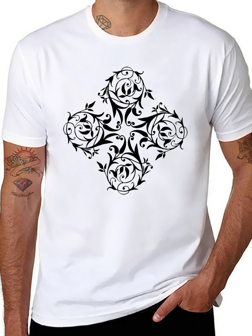 Elegant Black Floral Pattern Mens T-Shirt