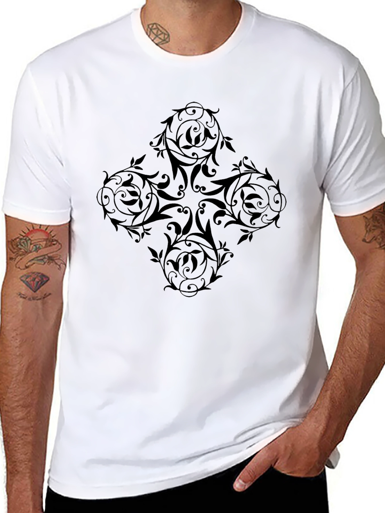 Elegant Black Floral Pattern Mens T-Shirt