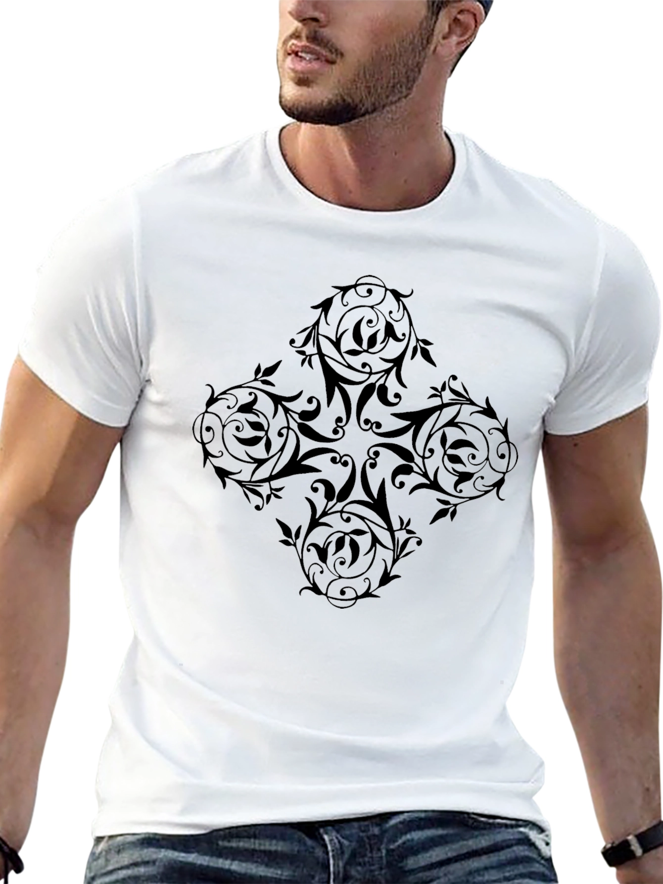 Elegant Black Floral Pattern Mens T-Shirt
