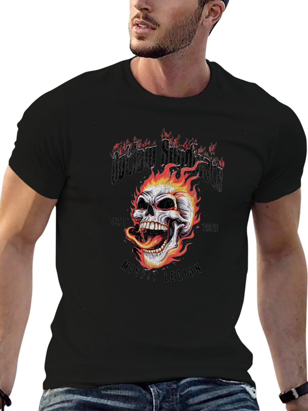 Outlaw Skull Graphic Tee - Black Cotton T-Shirt