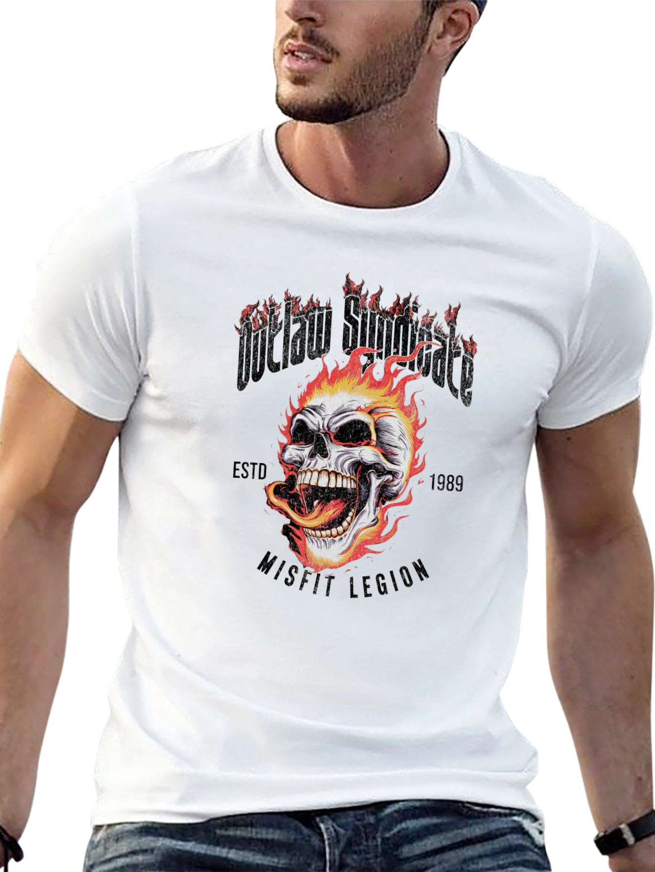 Outlaw Skull Graphic Tee - Black Cotton T-Shirt
