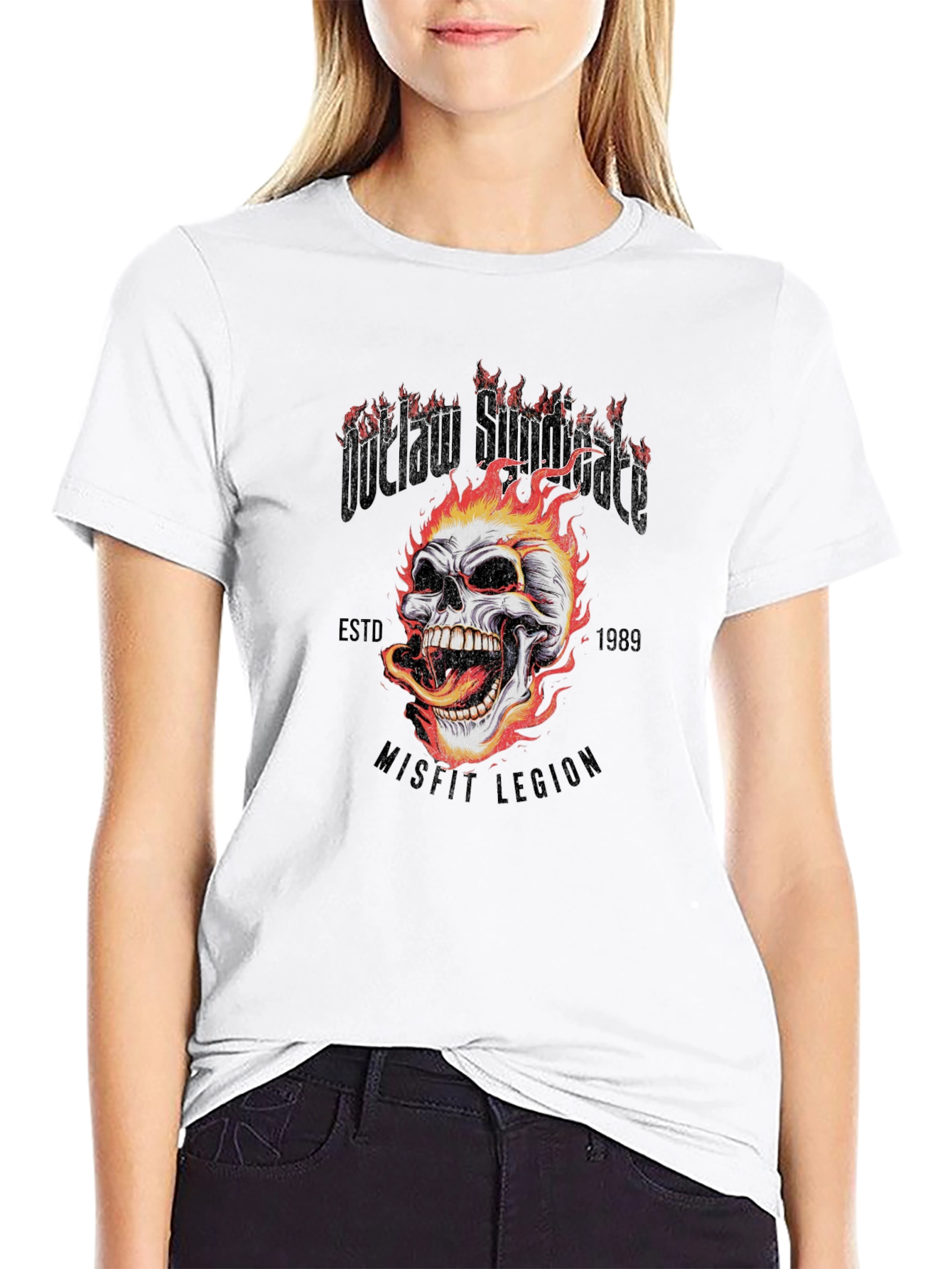 Outlaw Skull Graphic Tee - Black Cotton T-Shirt