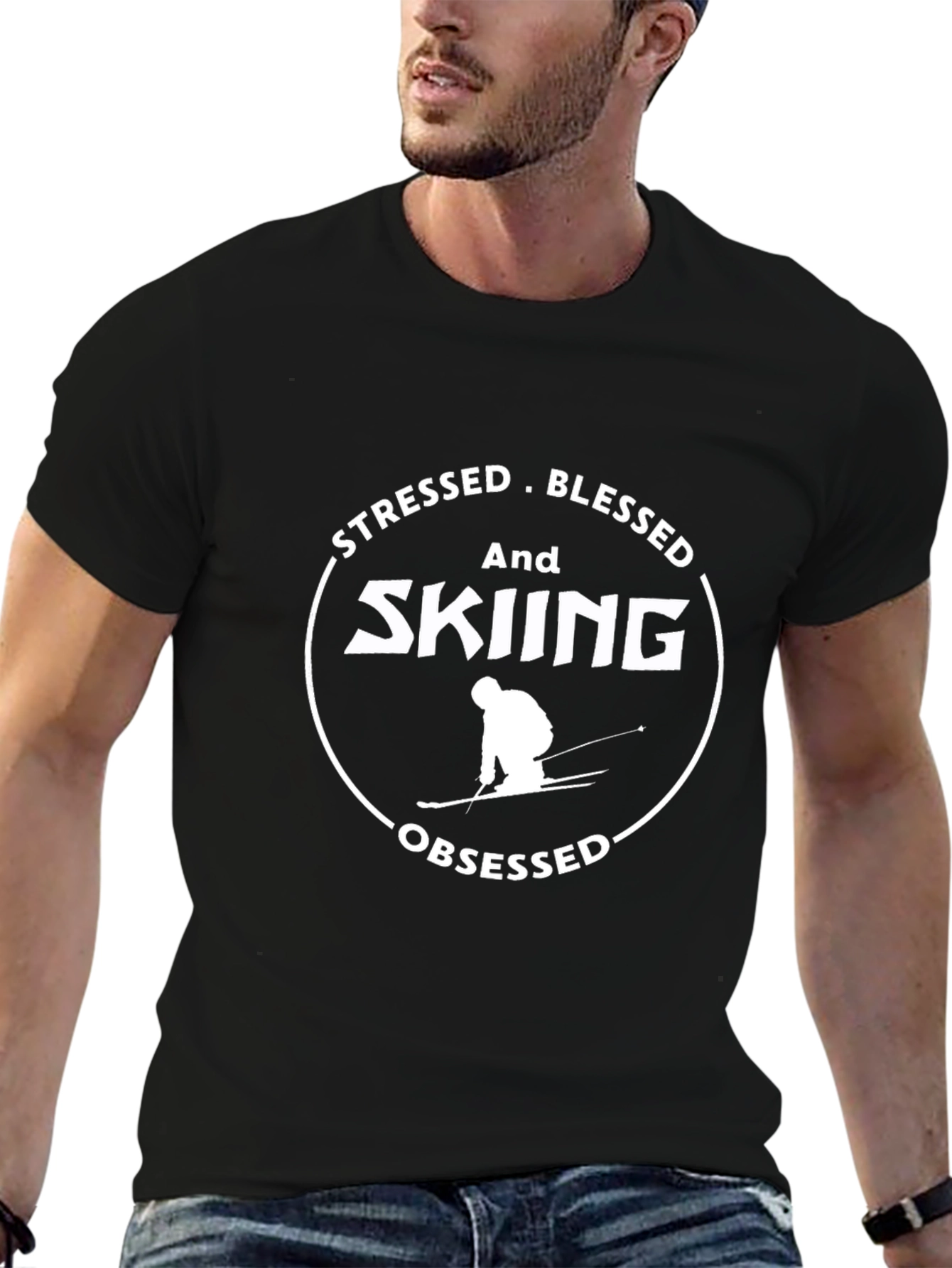 Stressed Blessed Skiing Obsessed Graphic Tee