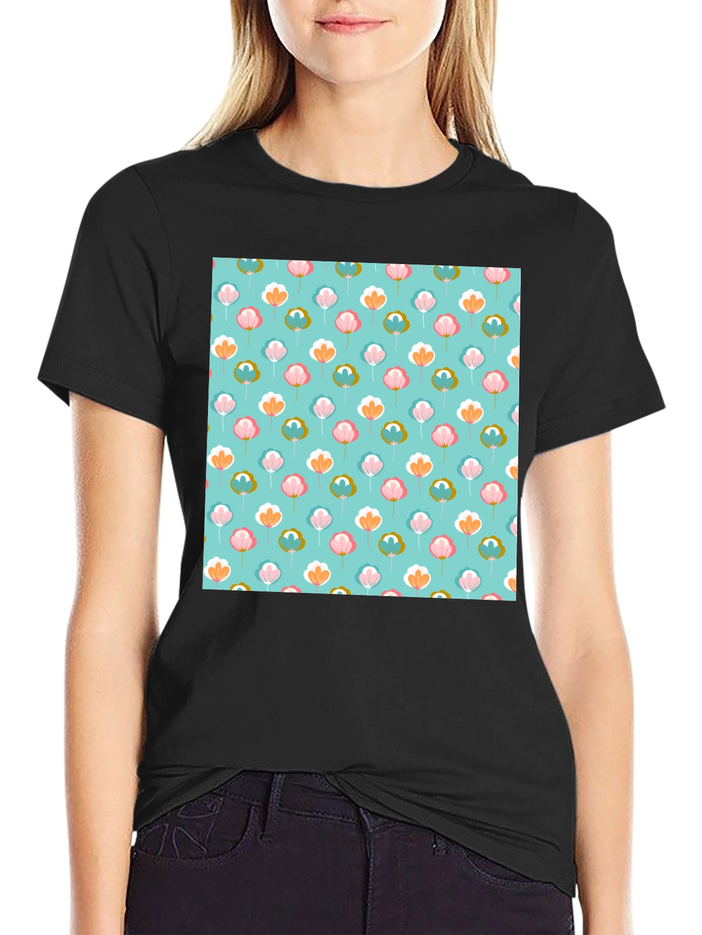 Floral Print T-Shirt - Soft Blue Background