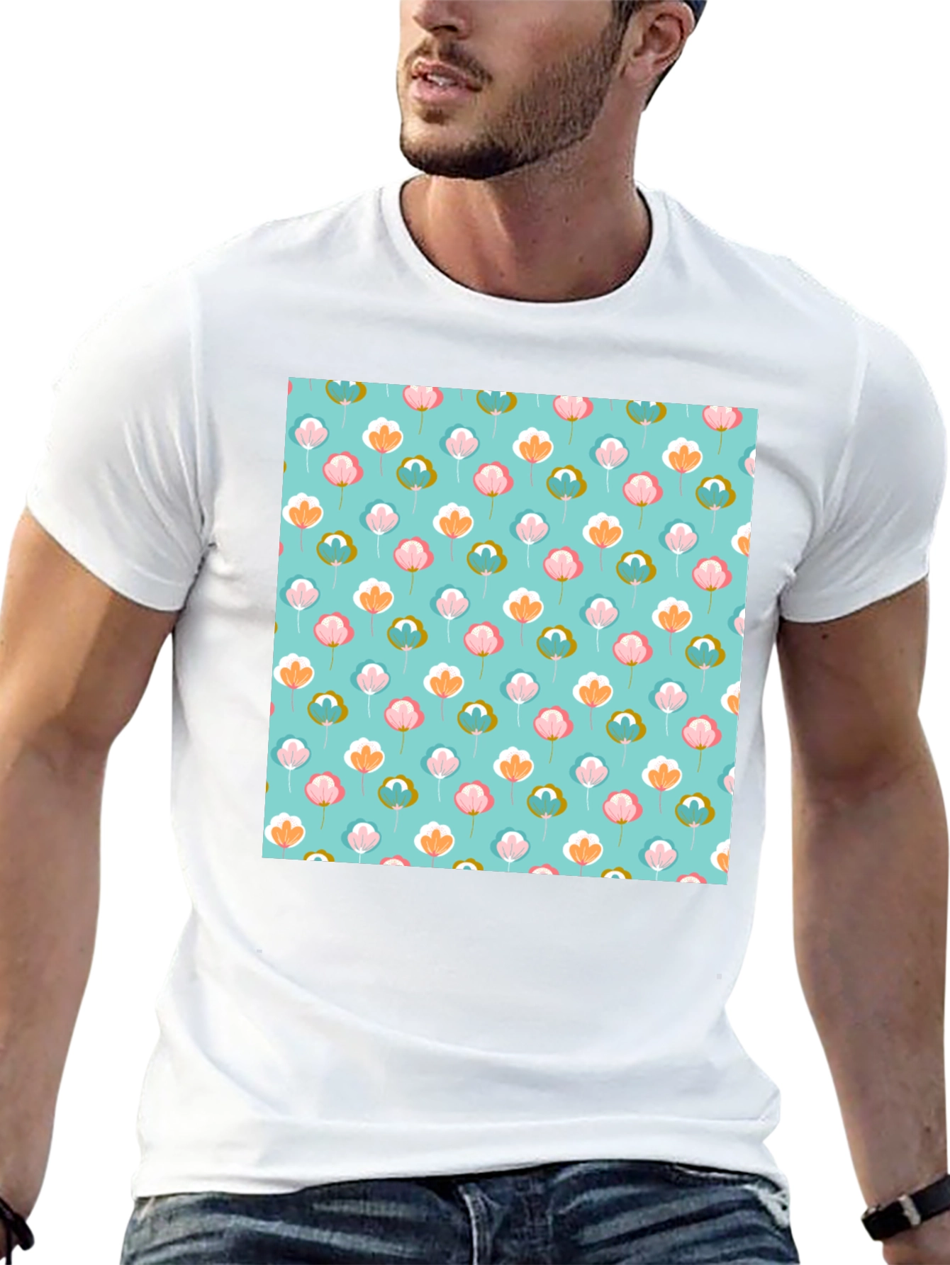 Floral Print T-Shirt - Soft Blue Background
