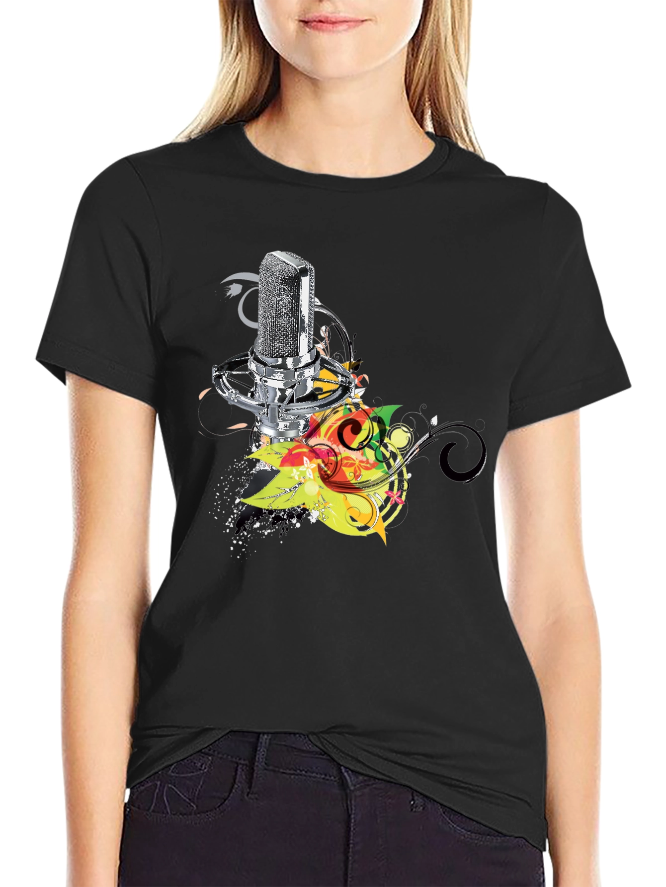 Retro Mic Graphic Tee - Cool Black T-Shirt