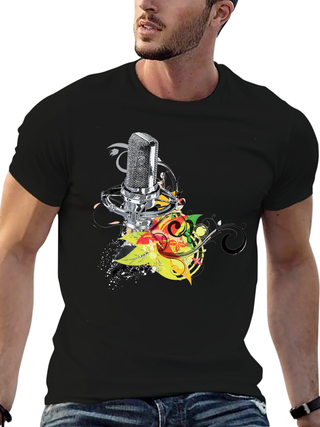 Retro Mic Graphic Tee - Cool Black T-Shirt