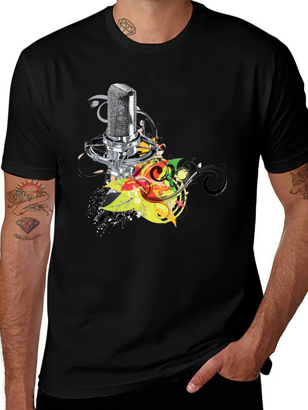Retro Mic Graphic Tee - Cool Black T-Shirt