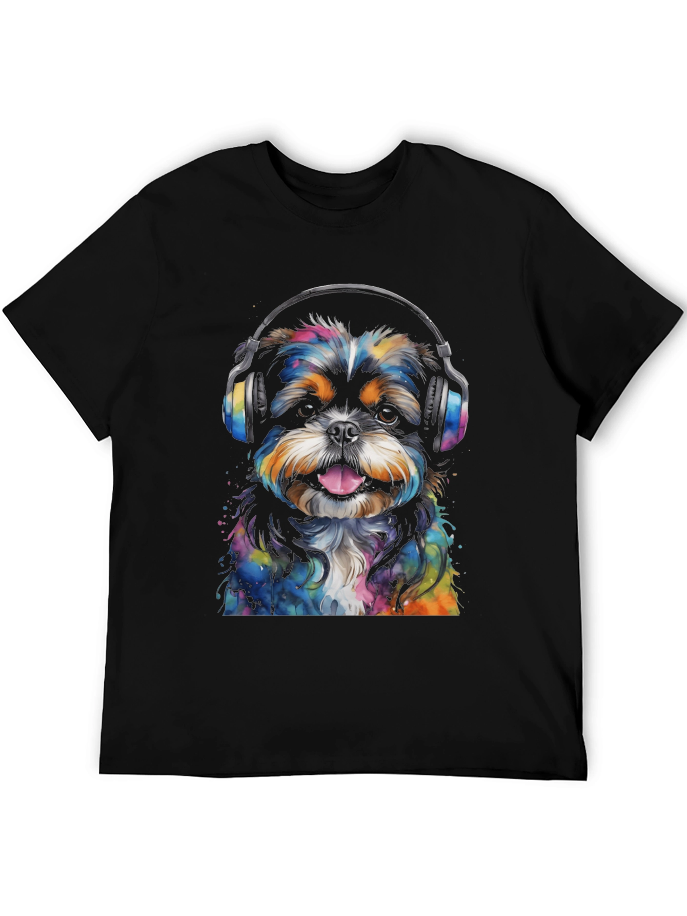Dog with Headphones Graphic Tee - Black Cotton Blend