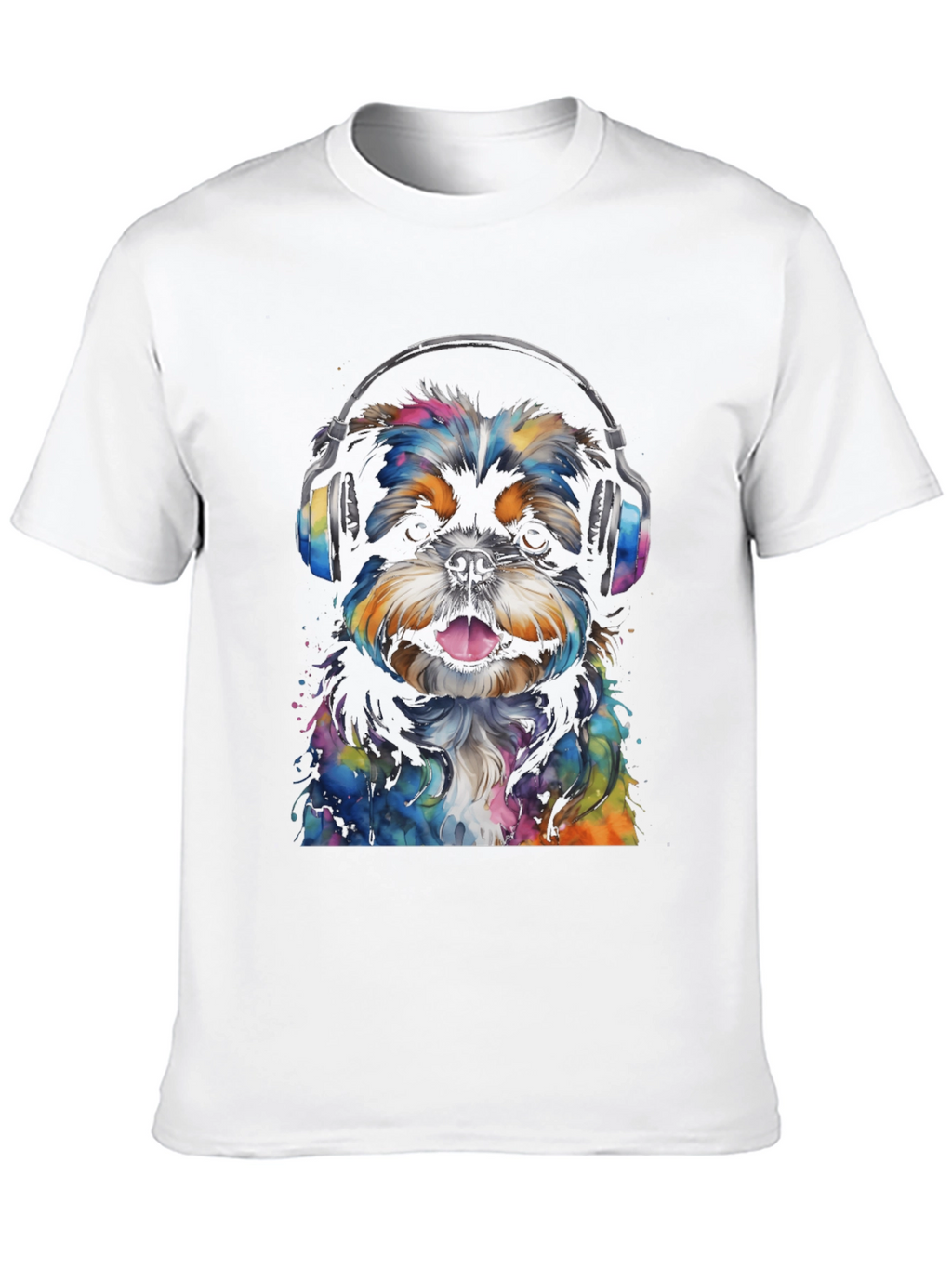 Dog with Headphones Graphic Tee - Black Cotton Blend