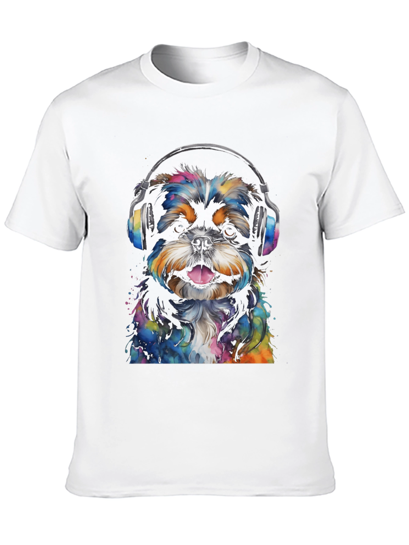 Dog with Headphones Graphic Tee - Black Cotton Blend