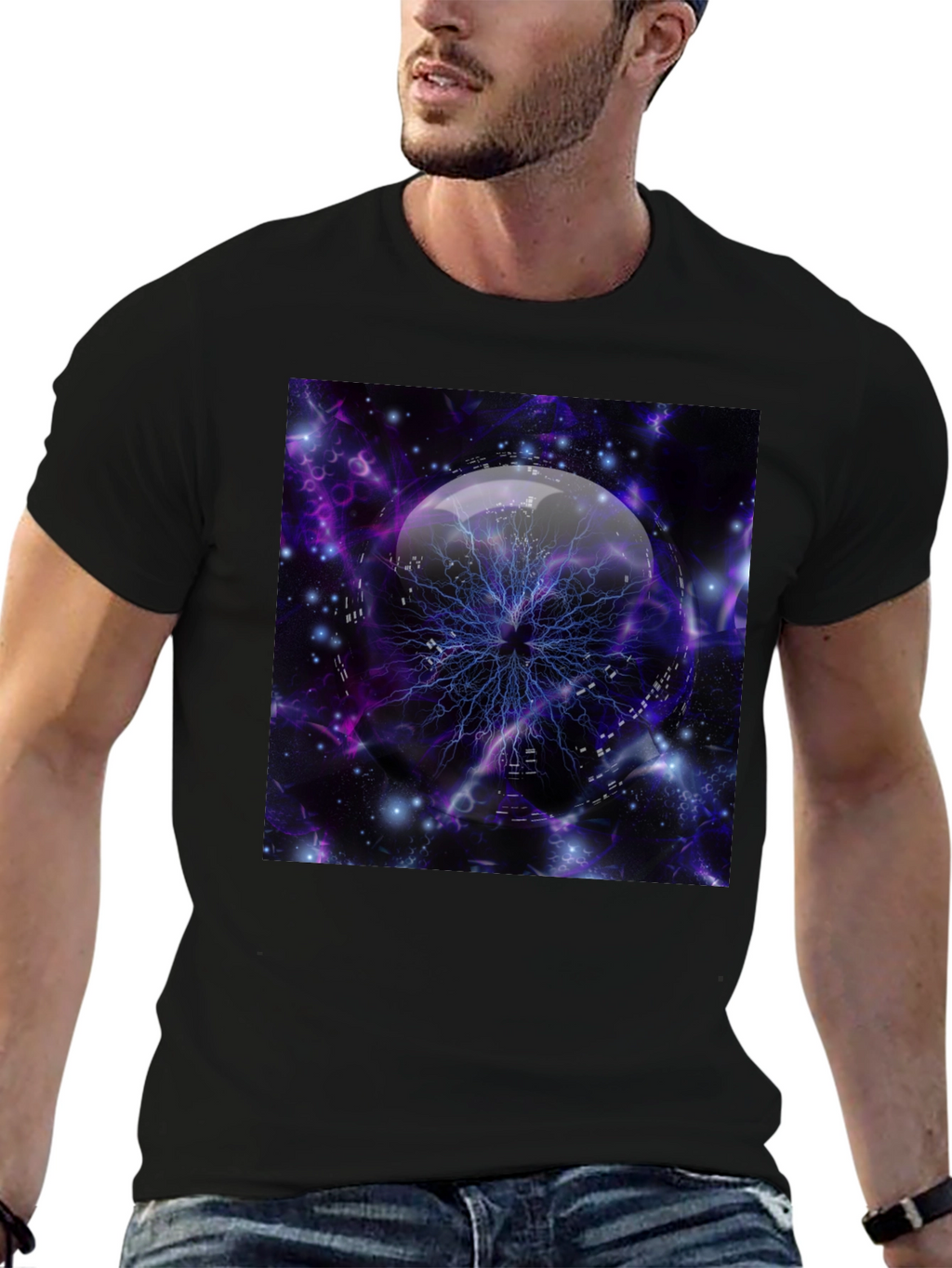 Cosmic Lightning Orb Graphic Tee - Black