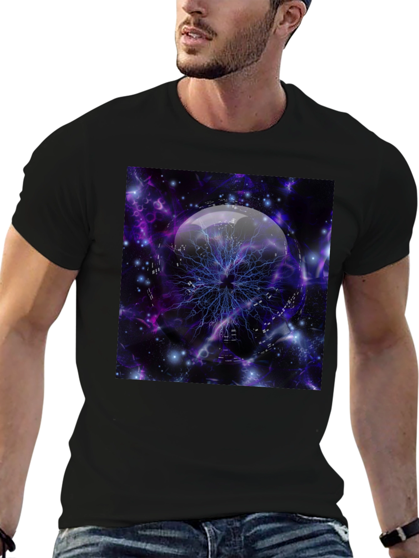 Cosmic Lightning Orb Graphic Tee - Black