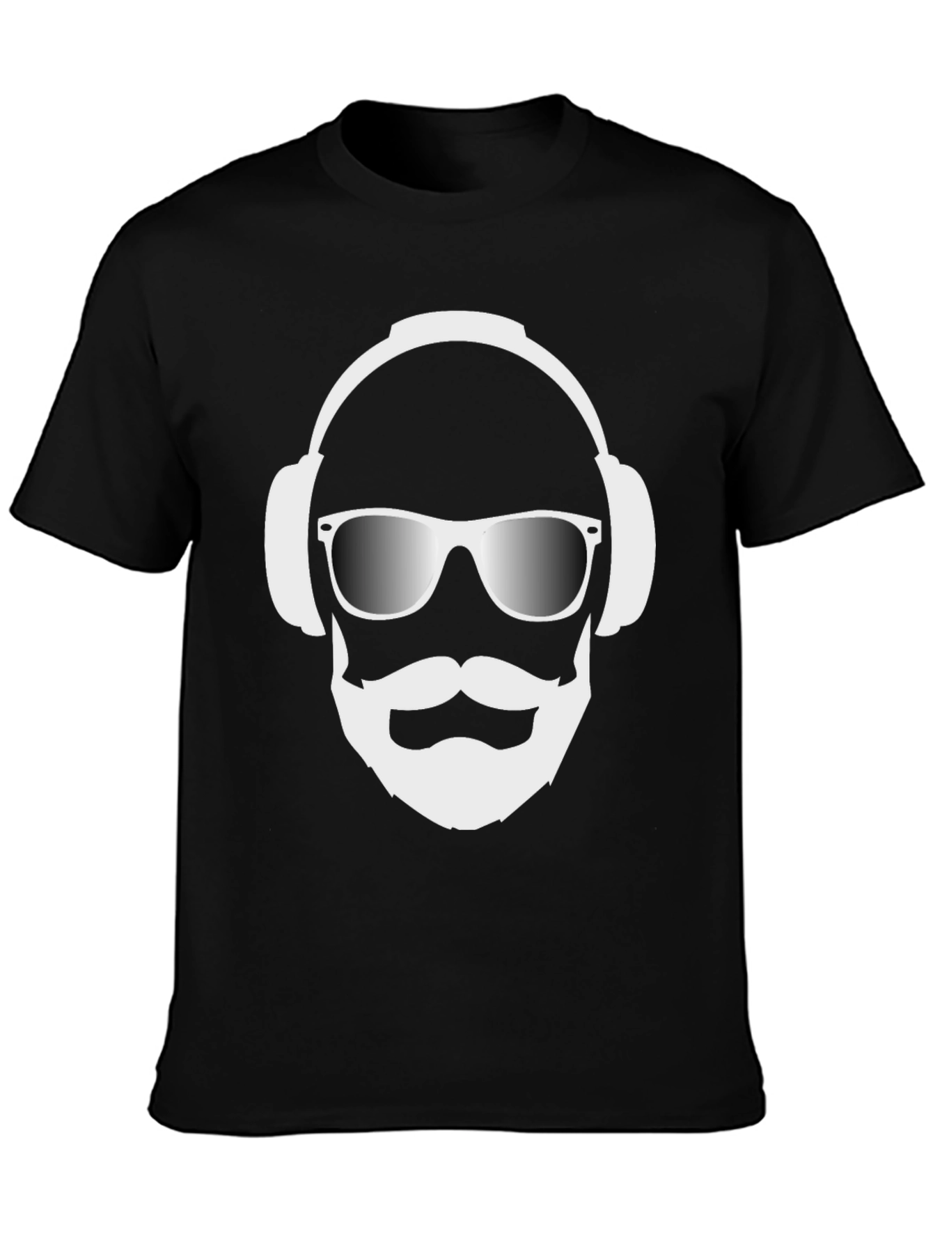 Cool Dude Black T-Shirt with Headphones and Beard Graphic