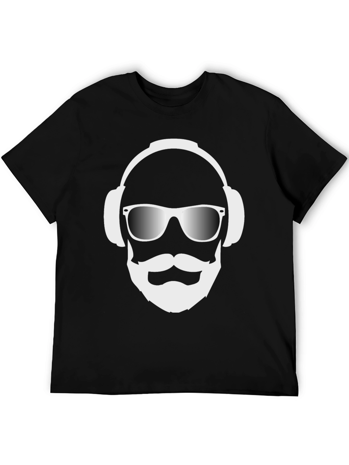 Cool Dude Black T-Shirt with Headphones and Beard Graphic