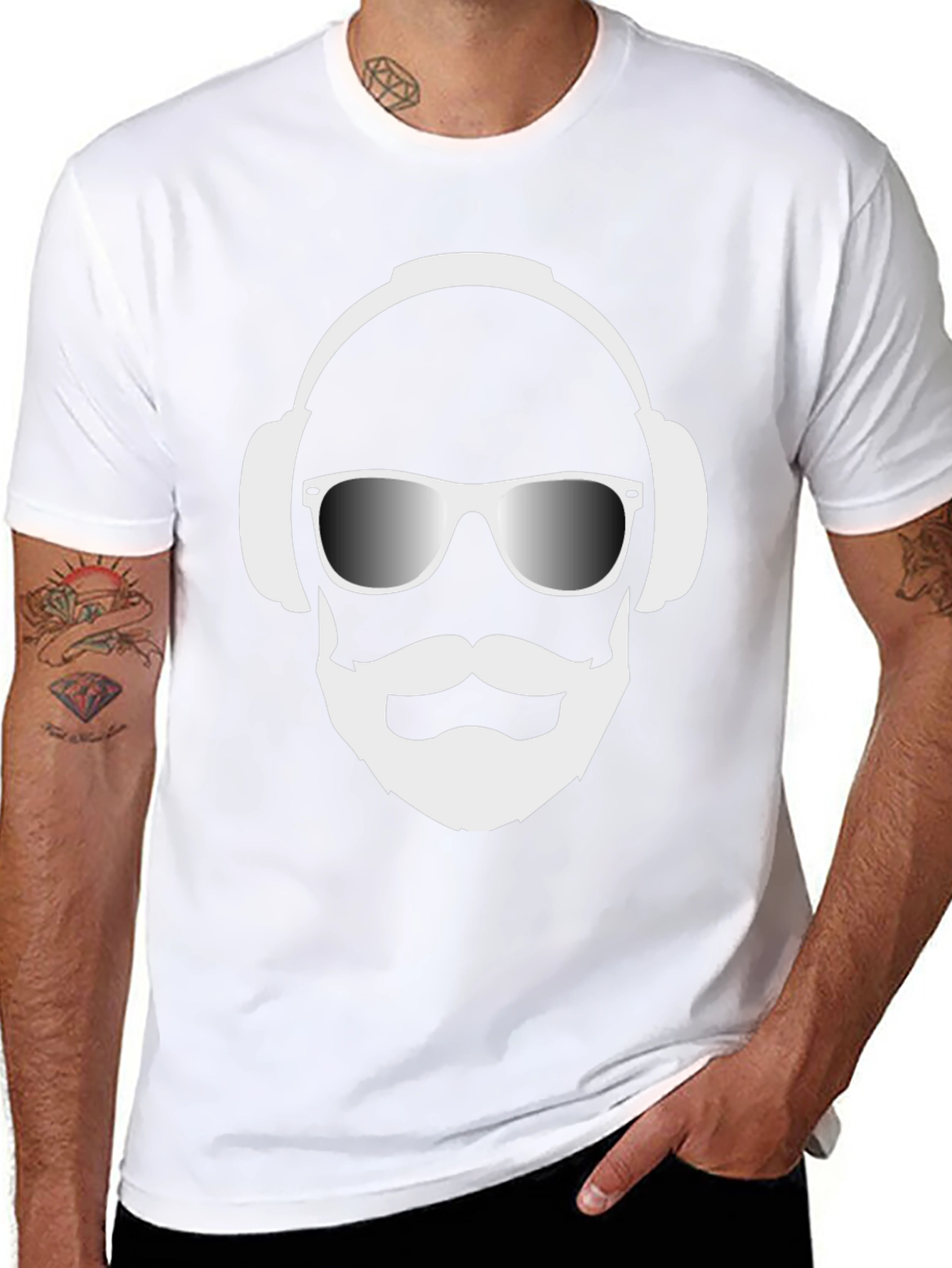 Cool Dude Black T-Shirt with Headphones and Beard Graphic