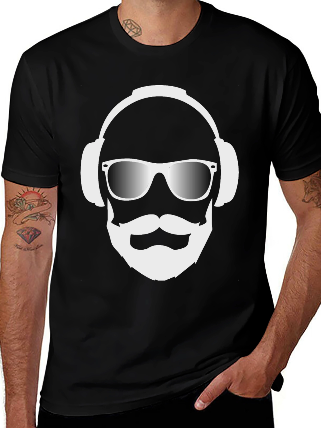 Cool Dude Black T-Shirt with Headphones and Beard Graphic