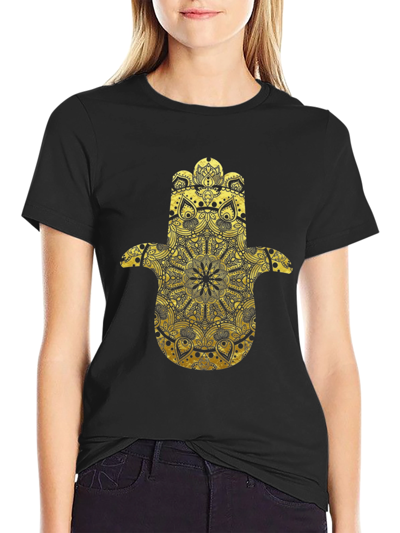 Golden Hamsa Hand Graphic Tee - Black Cotton Comfort