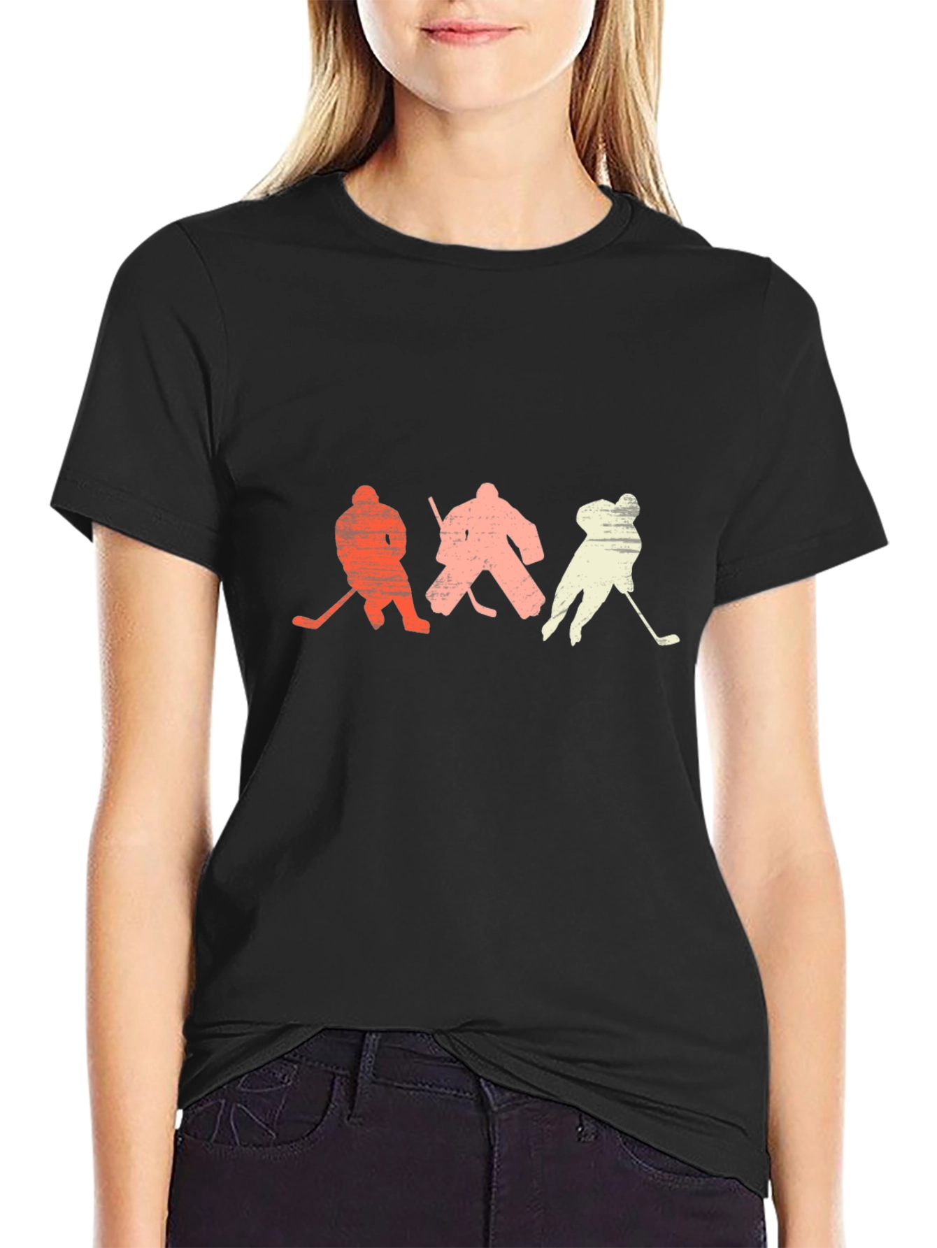 Vintage Hockey Player Graphic Tee - Black Cotton T-Shirt