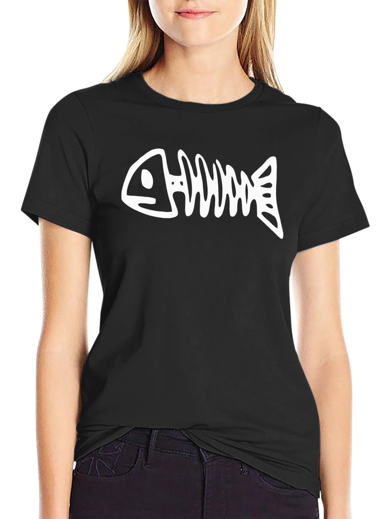 Fishbone Graphic Tee - Black Cotton Casual T-Shirt