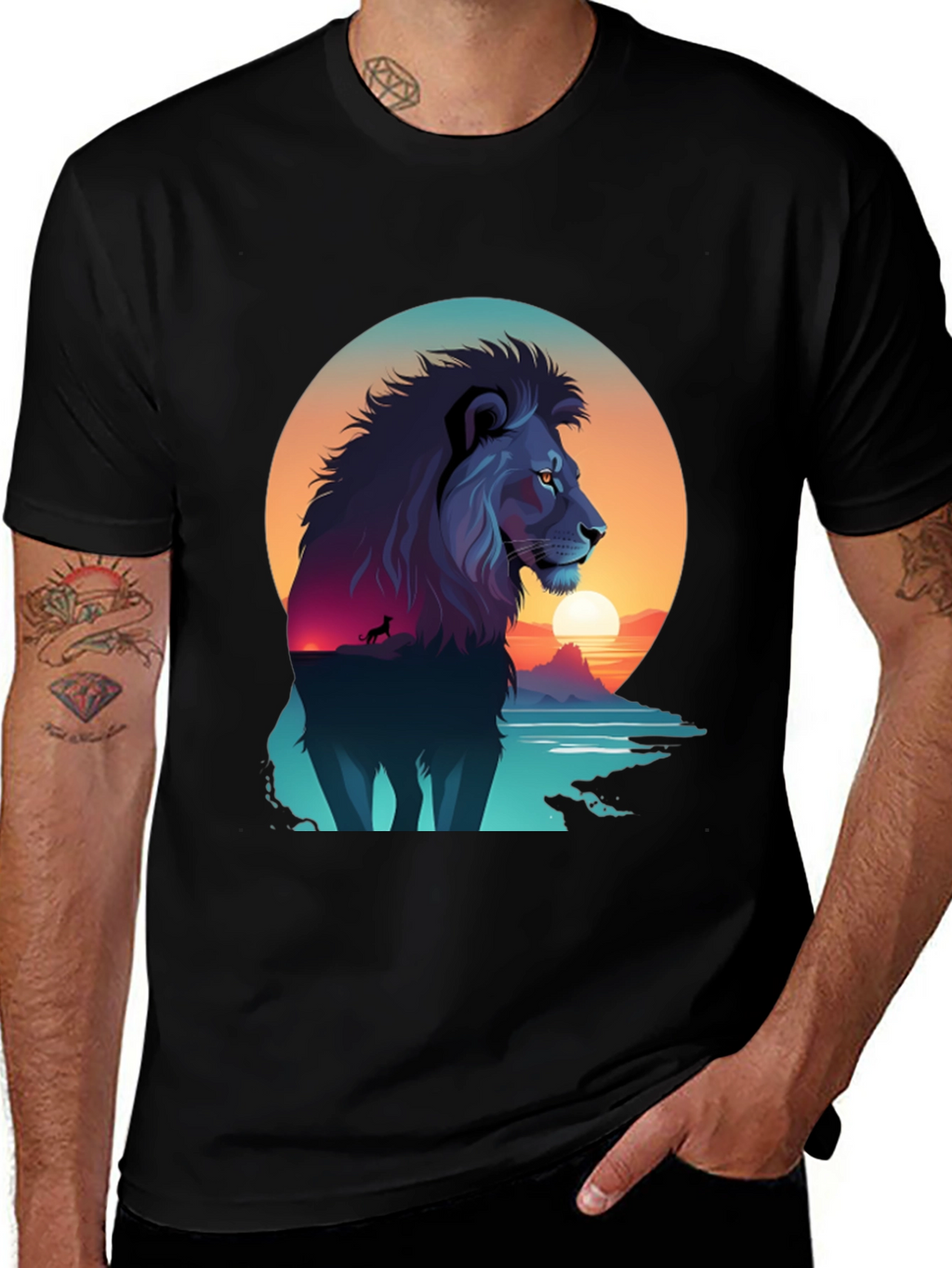 Lion Sunset Graphic Tee - Mens Black T-Shirt