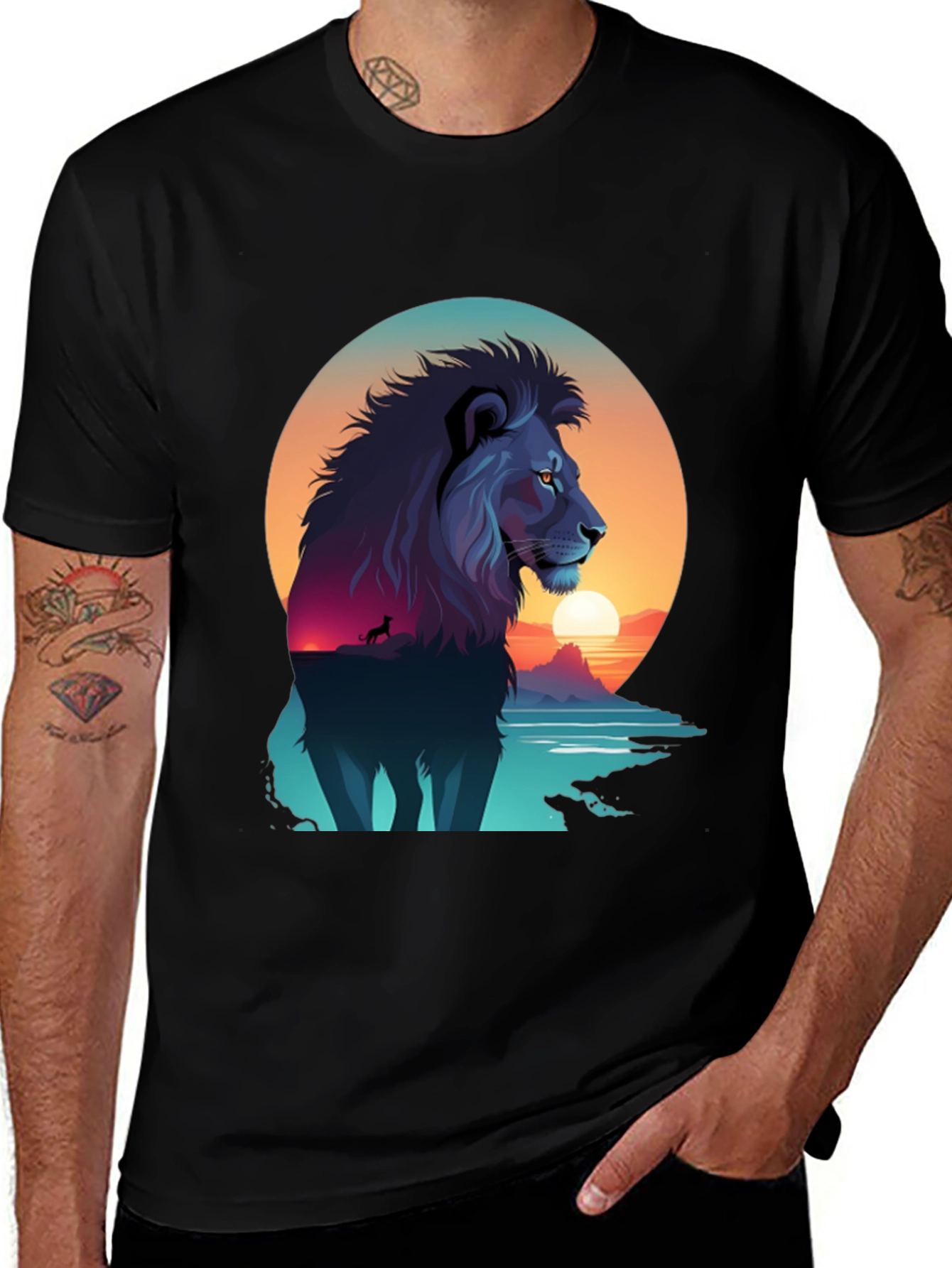 Lion Sunset Graphic Tee - Mens Black T-Shirt