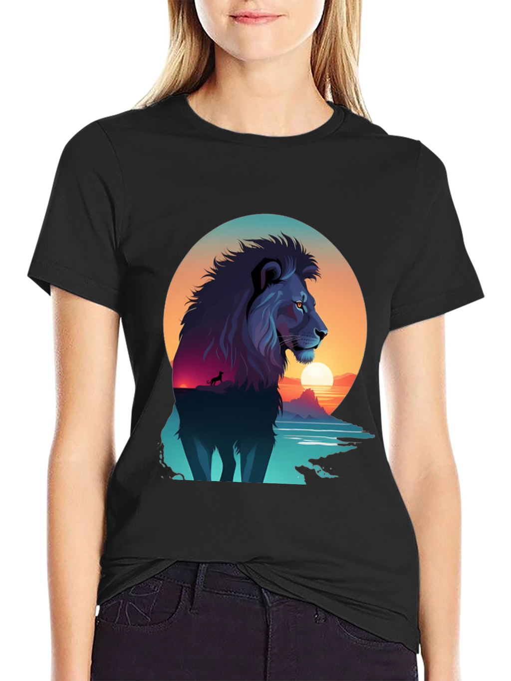 Lion Sunset Graphic Tee - Mens Black T-Shirt